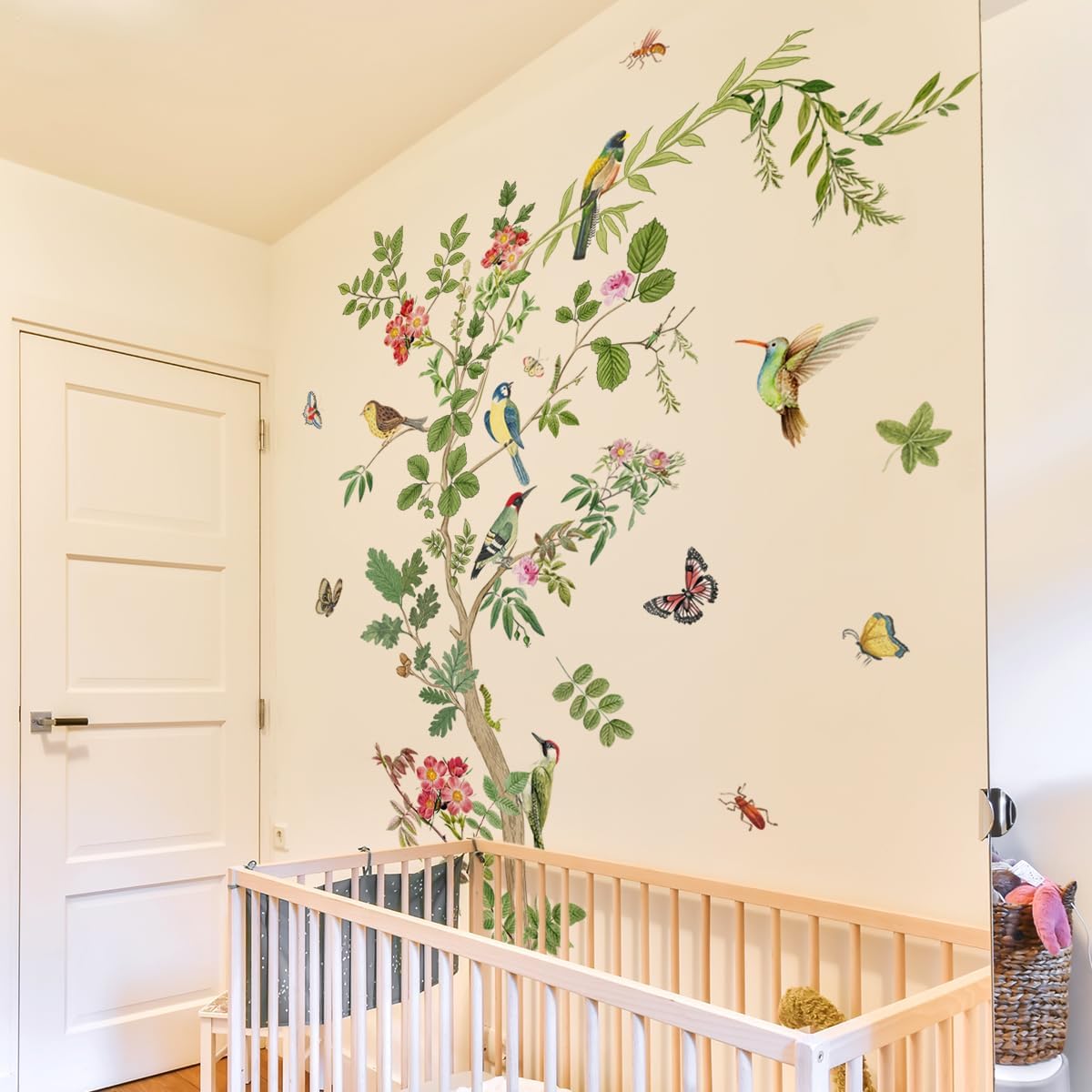 Runtoo Large Tree Branch Wall Decal Vintage Floral Plants Birds Wall Art Stickers for Bathroom Living Room Bedroom Nursery Decor