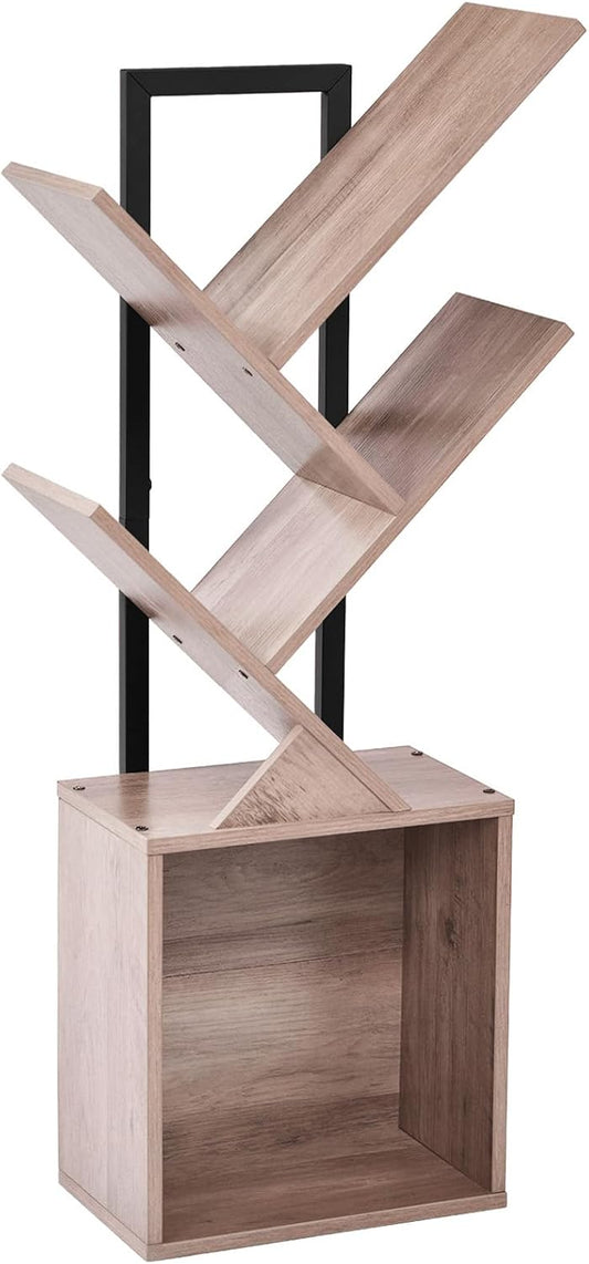 Tree Bookshelf Bookcase with Storage Cabinet, 4-Tier Modern Corner Bookshelves, Narrow Wood Book Rack, Mini Floor Standing Book Organizer for Kid Room, Bedroom, Living Room, Home Office, CD/DVD