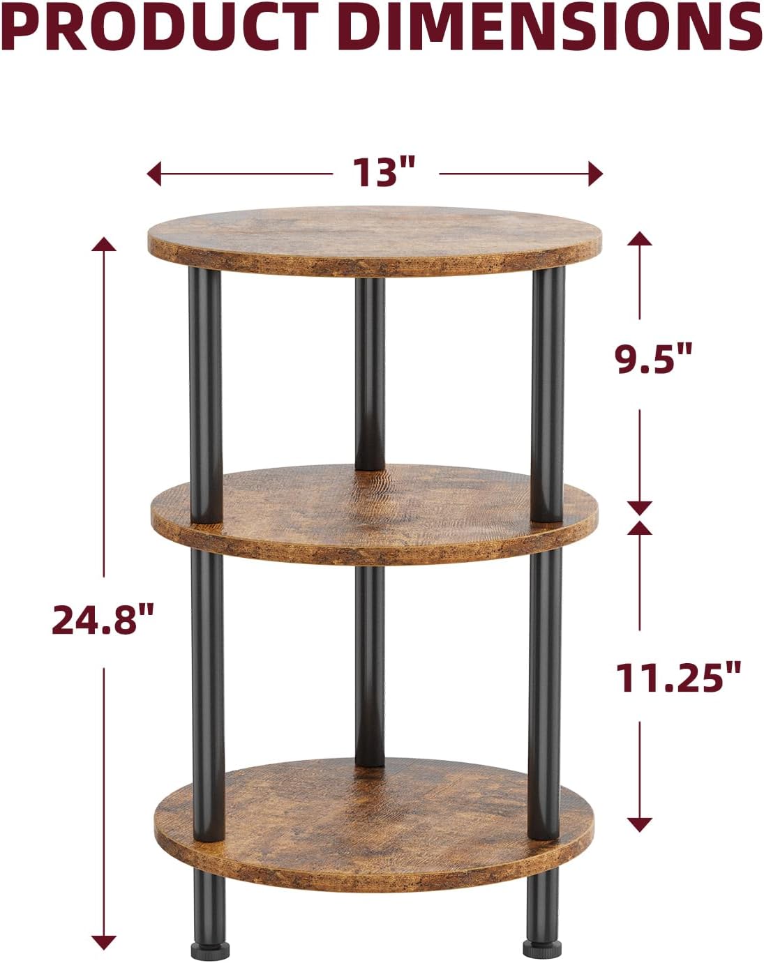 Simple Trending End Table Living Room, Small Round Side Table, 3 Tiers Accent Table for Small Spaces, Rustic Brown