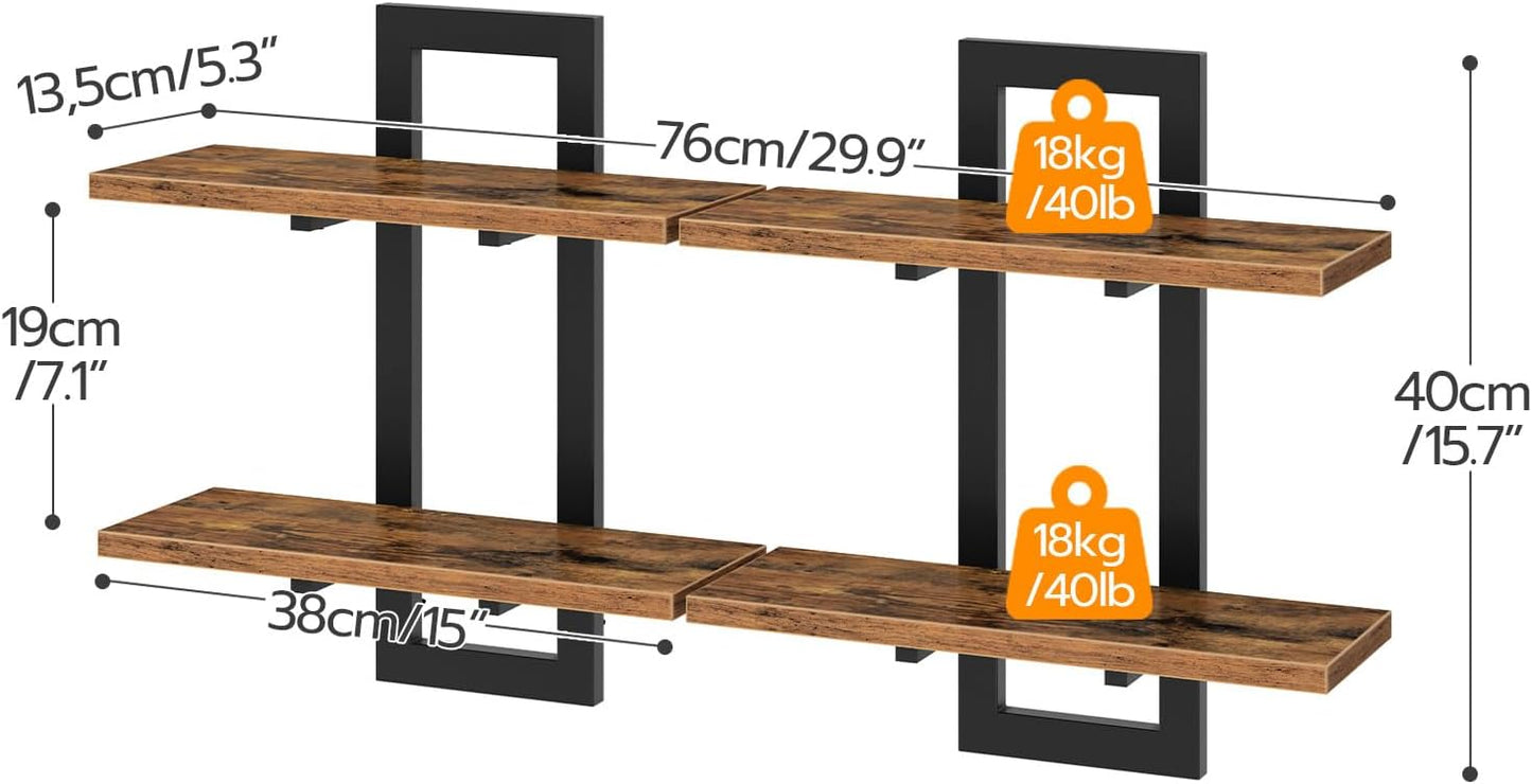 HOOBRO Floating Shelves, 15 Inch Wall Shelf Set of 2, Wall Mounted Storage Shelves 2-Tier, Hanging Bathroom Shelves, for Living Room, Bedroom, Bathroom, Kitchen, Rustic Brown and Black BF32BJ01G1