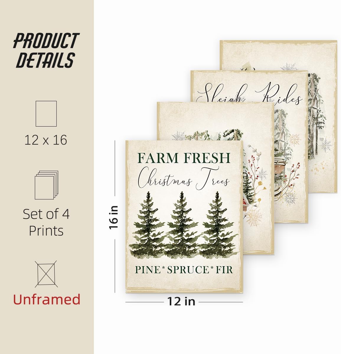 ETVISO Vintage Christmas Wall Art Prints Set of 4, Retro Christmas Trees Poster, Winter Holidays Gift Print Decor for Gallery, Living Room, Bathroom, 12x16 (Unframed)