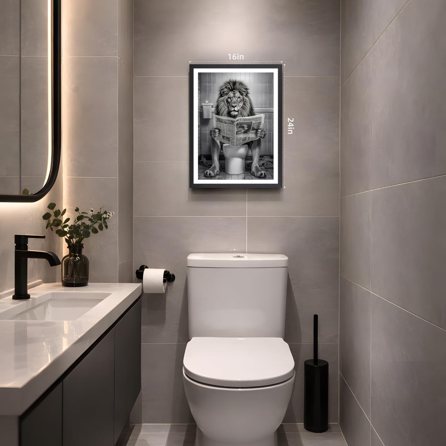 LERVR Wood Framed Funny Lion Bathroom Wall Art, Lion Reading Newspaper Toilet Wall Decor, Black and White Bathroom Canvas Print, Whimsical Animal Aesthetic Picture for Powder Room Restroom 12x16 Inch
