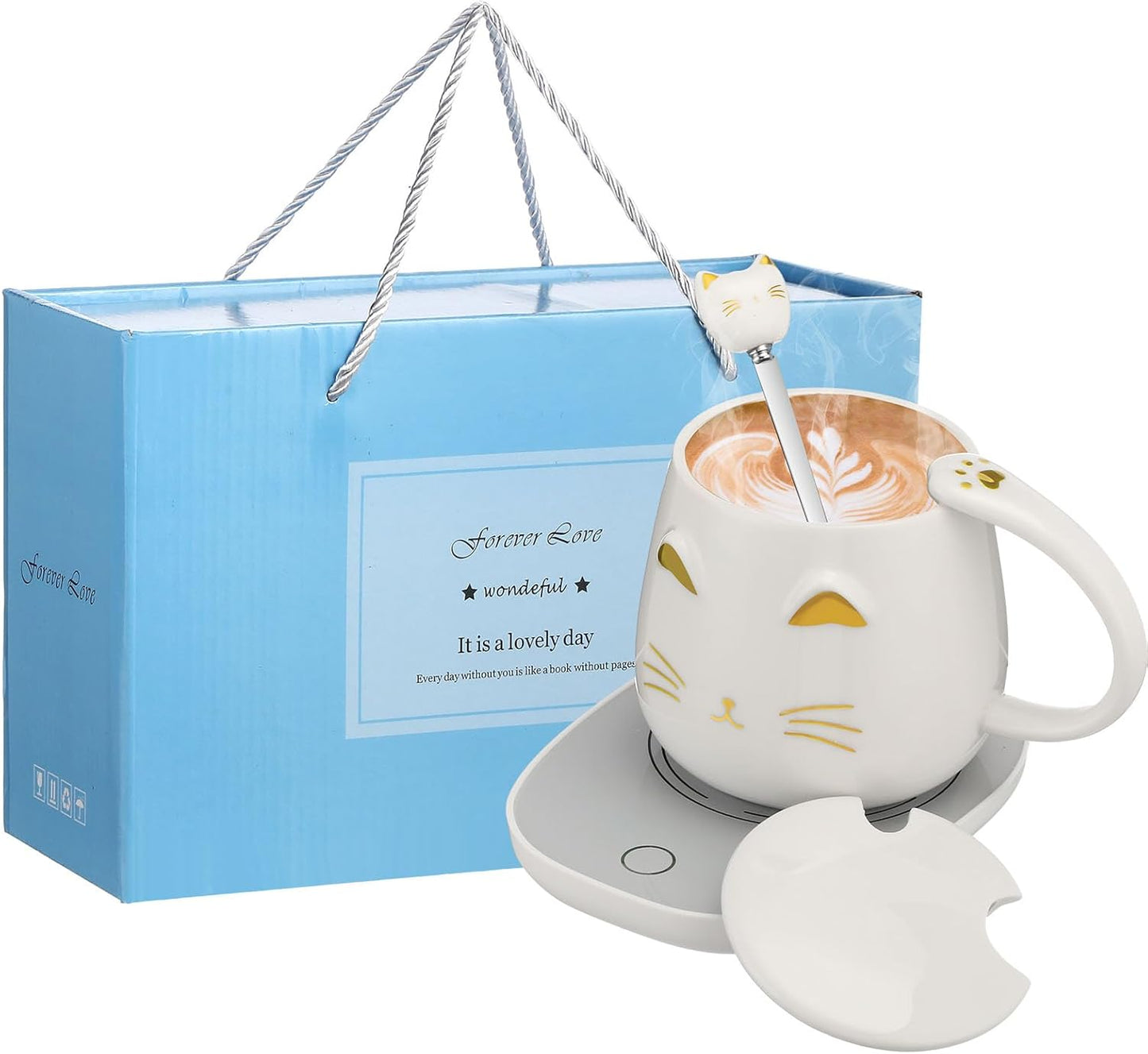 Cat Coffee Cup Coffee Warmer with Mug for Women Electric Mug Heater Temperature Control Ceramic Cute Cat Warmer for Office Valentine' Day Birthday Gift(White)