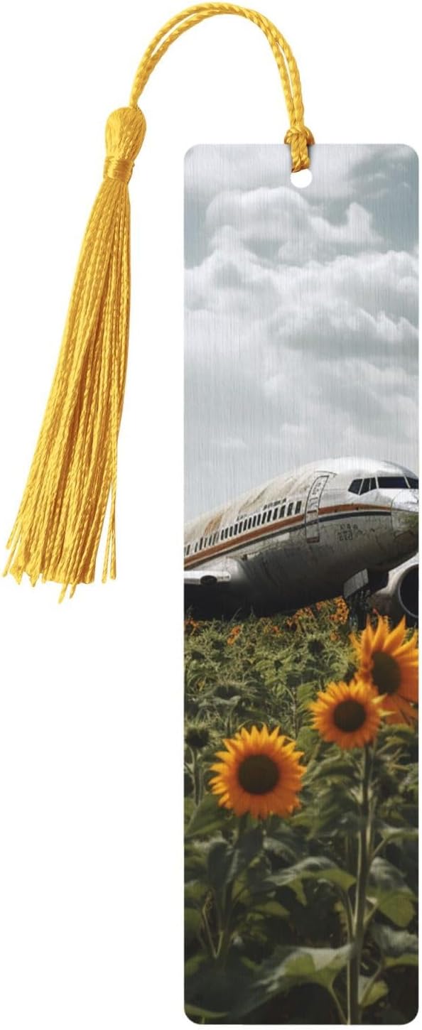 Plane Flies to Sunflower Field Bookmarks Gifts for Women Men, Wooden Bookmarks for Book Lovers, Vintage Book Marks Ornaments with Tassel, Unique Personalized Reading Page Markers Gold