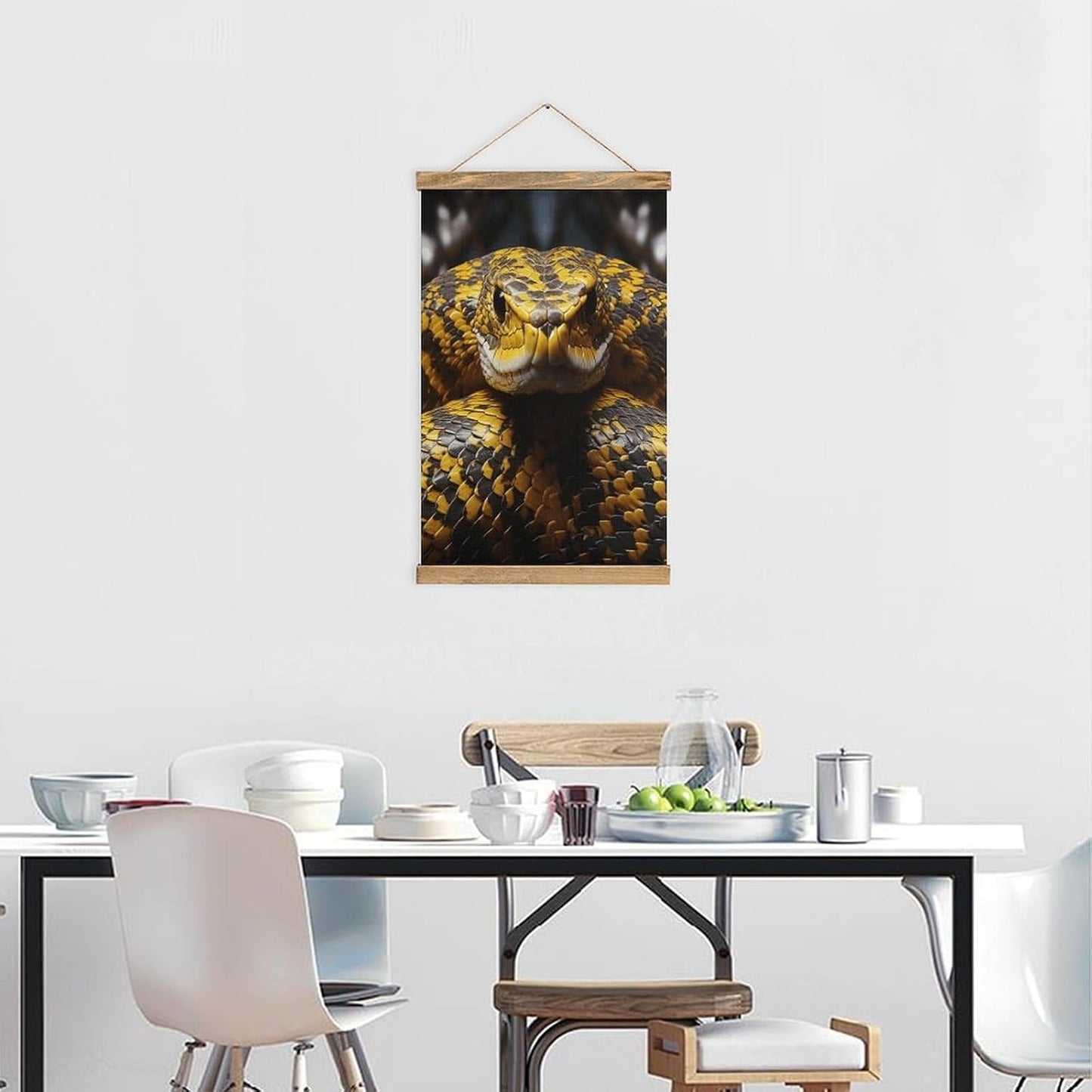 Vintage Yellow Snake Poster with Wooden Frame Personalized Linen Hanging Scroll Painting Rustic Wall Hanging Illustrative Modern Artwork Decor for Home Living Room Bedroom Office