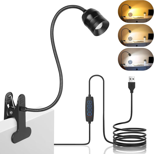 Dimmable LED Clip Light for Bed Reading, 360° Flexible Gooseneck Clamp Lamp with 3 Color Modes & 10 Brightness Levels, USB Powered Book Light for Headboard, Desk, Dorm & Study