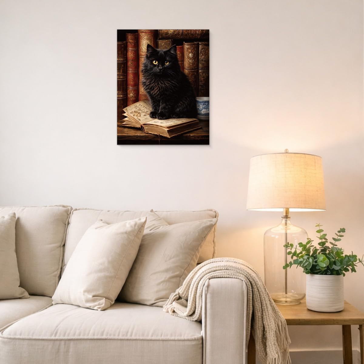 Vintage Bookshelf Cat Wall Art Black Cat Reading Canvas Print Poster Bookish Wall Decor for Home Reading Nook Library 8x10 Inch Framed