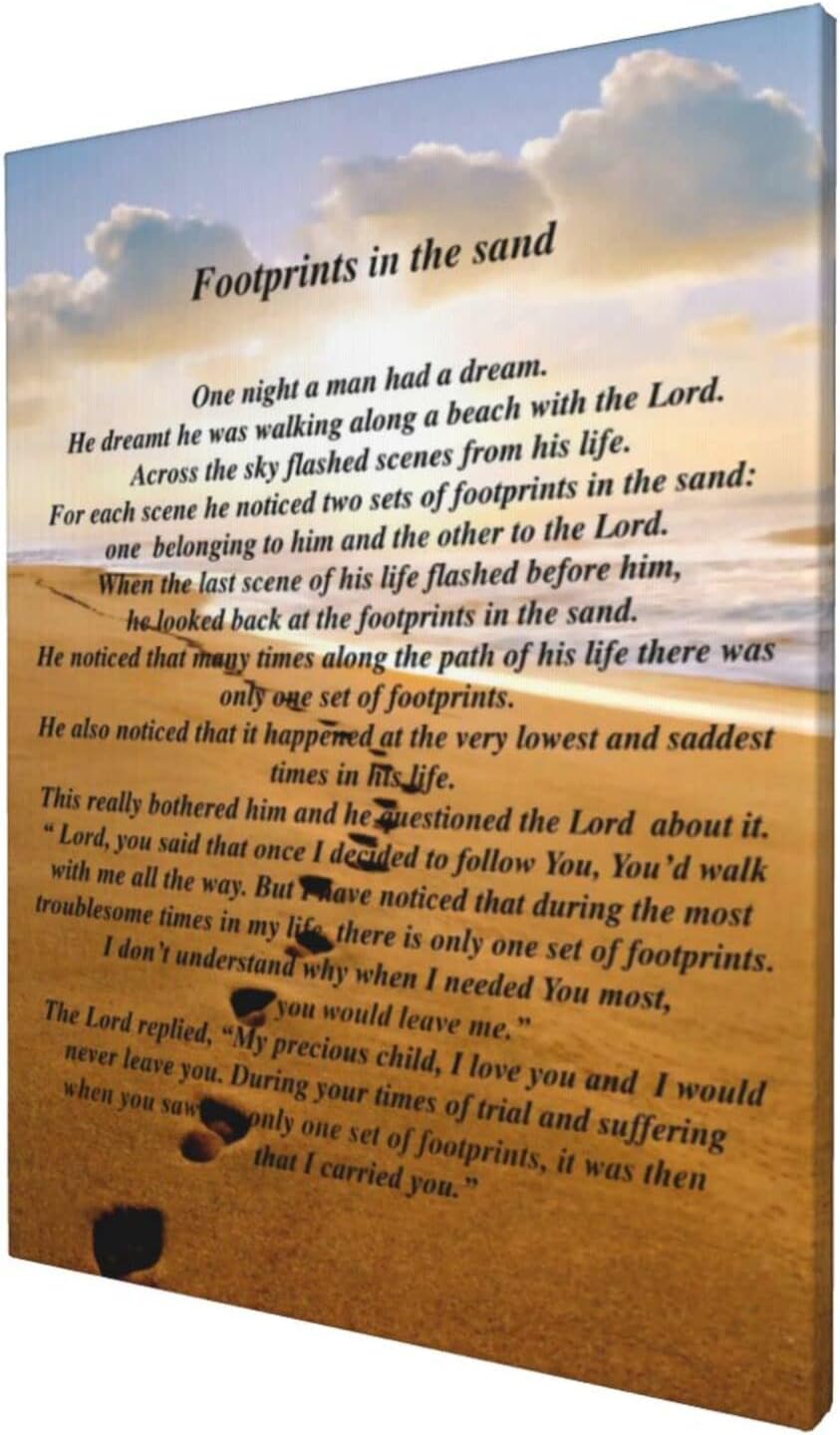 Footprints In The Sand Painting Poem Poster Classic Framed Canvas Wall Art For Home Bedroom Office Living Room Decor 12x16 Inches.