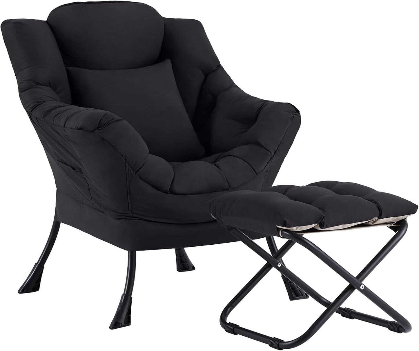 Lazy Chair with Ottoman, Modern Accent Leisure Sofa Chair with Footrest Stool & Throw Pillow, Modern Lounge Chair with Armrests for Living Room, Black