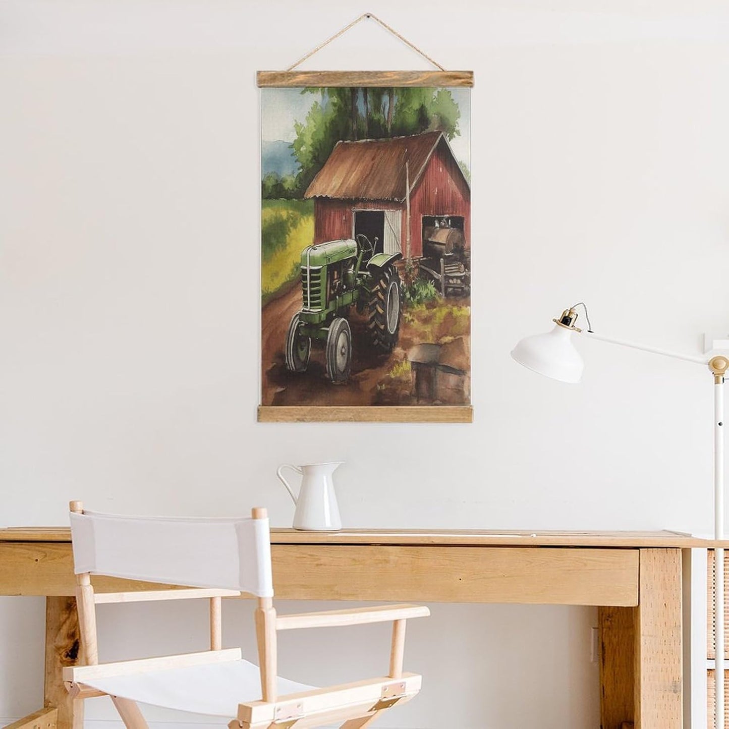 Vintage Tractor on The Farm Poster with Wooden Frame Personalized Linen Hanging Scroll Painting Rustic Wall Hanging Illustrative Modern Artwork Decor for Home Living Room Bedroom Office