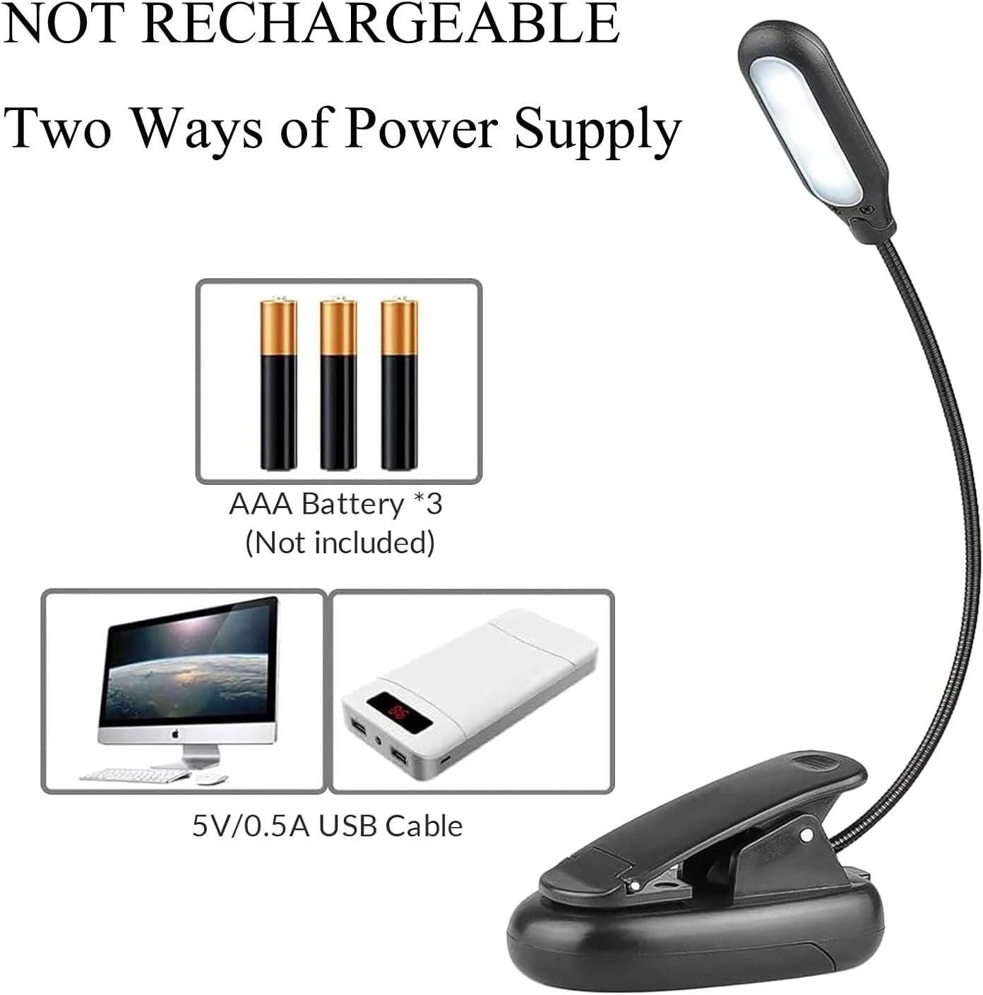 Reading Lights with 5 LED, Book Light Clip-on with 3 Changeable Color, Desk Bed Light Battery & USB Operated, for Kids, Bookworms & Students