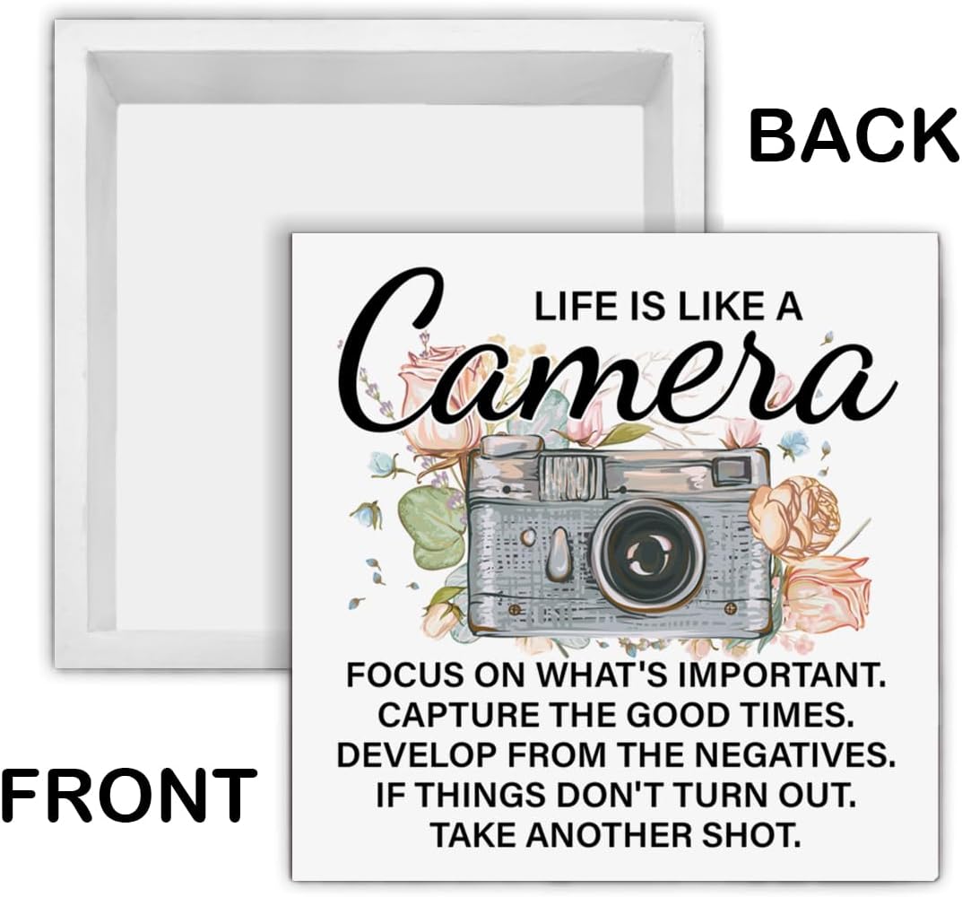Photographer Gifts for Women, Motivational Photography Gifts for Photographers, Life Is Like a Camera Wood Block Sign Home Office Desk Shelf Decor