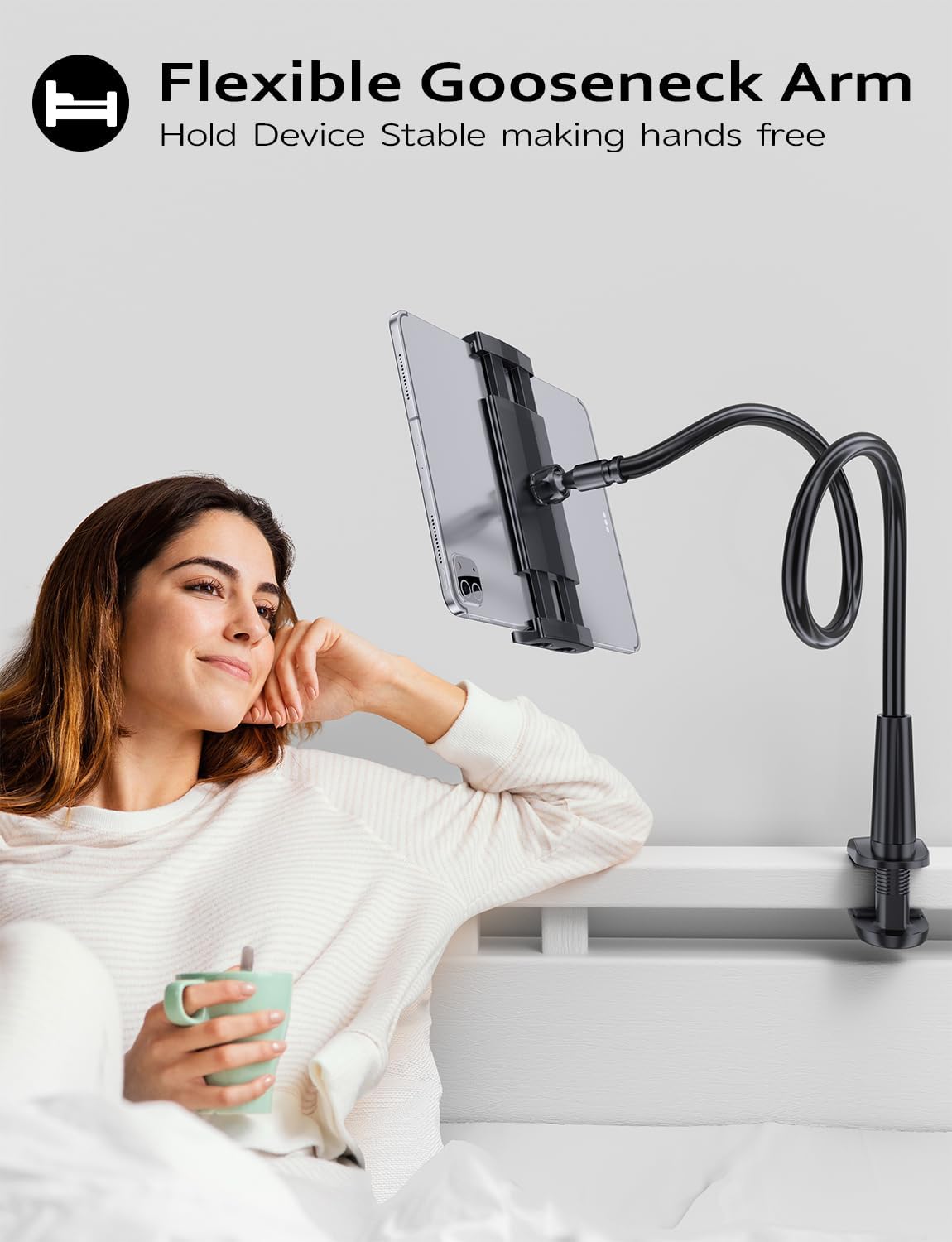 Tryone Gooseneck Kindle&Tablet Holder for Bed Hands-Free Reading on Bed Headboard for iPad, Kindle, and Switch, Flexible 30in Al-Mg Alloy Clamp Arm Stand for Tablets 4.7-10.5 in, Phone - Black - 30in
