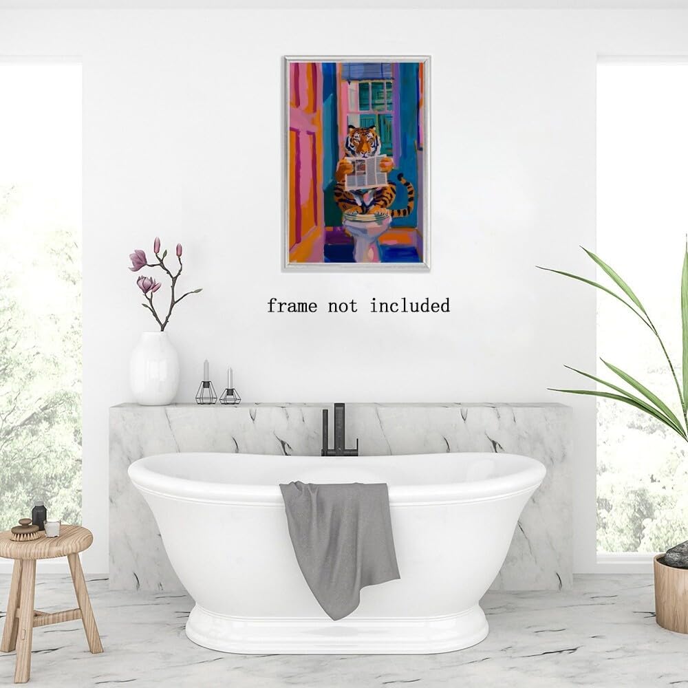 TcnBzydkij Funny Tiger Poster Minimalist Bathroom Wall Art Print Stylish Decor Reading Newspaper Dopamine Pink Kitsch Aesthetic Preppy Canvas 12x18inch Unframed