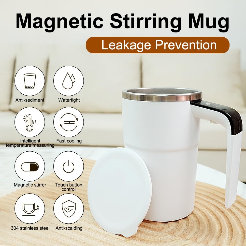 Self-stirring Coffee Mug Magnetic Stirring Cup Drink Stirrer Rechargeable Automatic Mixing Cup w/LCD Thermometer for Coffee Tea Hot Chocolate (White, 13 oz)