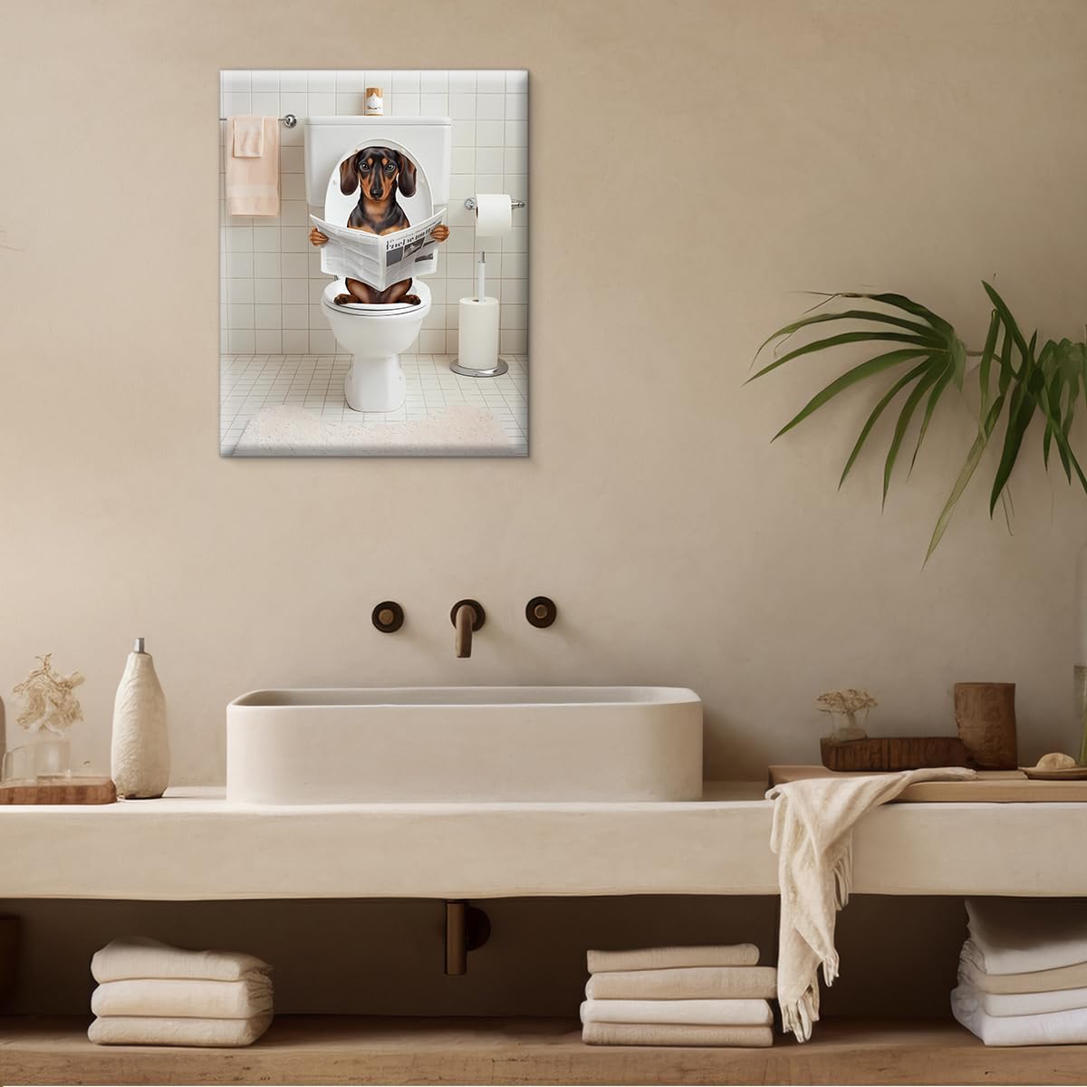 QPVXSST Funny Dachshund Bathroom Wall Art Dachshund Dog Reading Newspaper on Toilet Picture Poster Toilet Humor Modern Artwork Bathroom Wall Decor 8X10 Inches