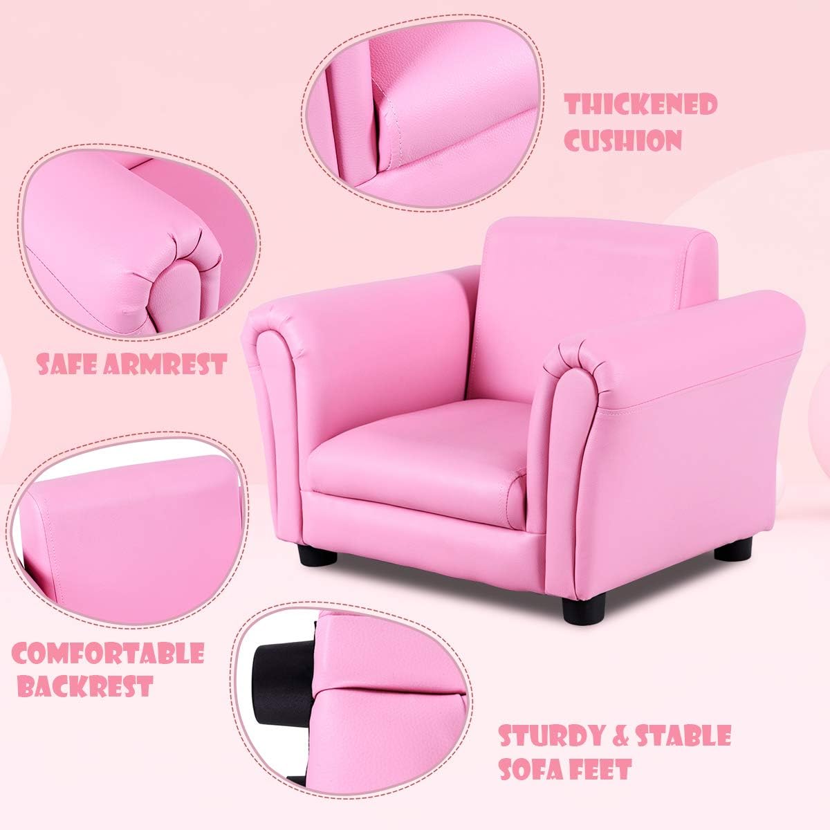 Costzon Kids Couch with Footstool, Children's Sofa with ASTM & CPSIA w/PU Leather Surface, Mini Armrest Chair Lounge, Soft Kids Sofa for Preschool Bedroom Kids Room Toddlers Boys Girls Birthday (Pink)