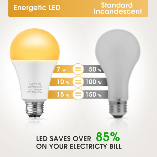 Briignite Amber Light Bulbs, 2 Pack, 3 Way LED Light Bulbs 50 100 150W Equivalent, 1800K Amber Warm Bulbs, Perfect for Reading, Three Way A19 E26 Medium Base