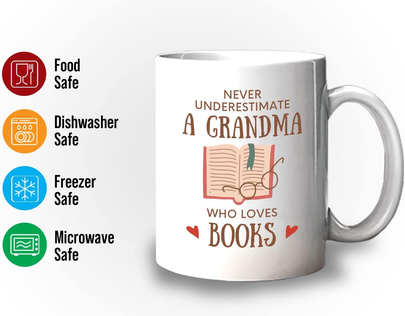 Bubble Hugs Fable Coffee Mug 11oz White - Never Underestimate Grandma - Reading Reader Old Lady Granny Book Lover Bookish Novelist Librarian Writer