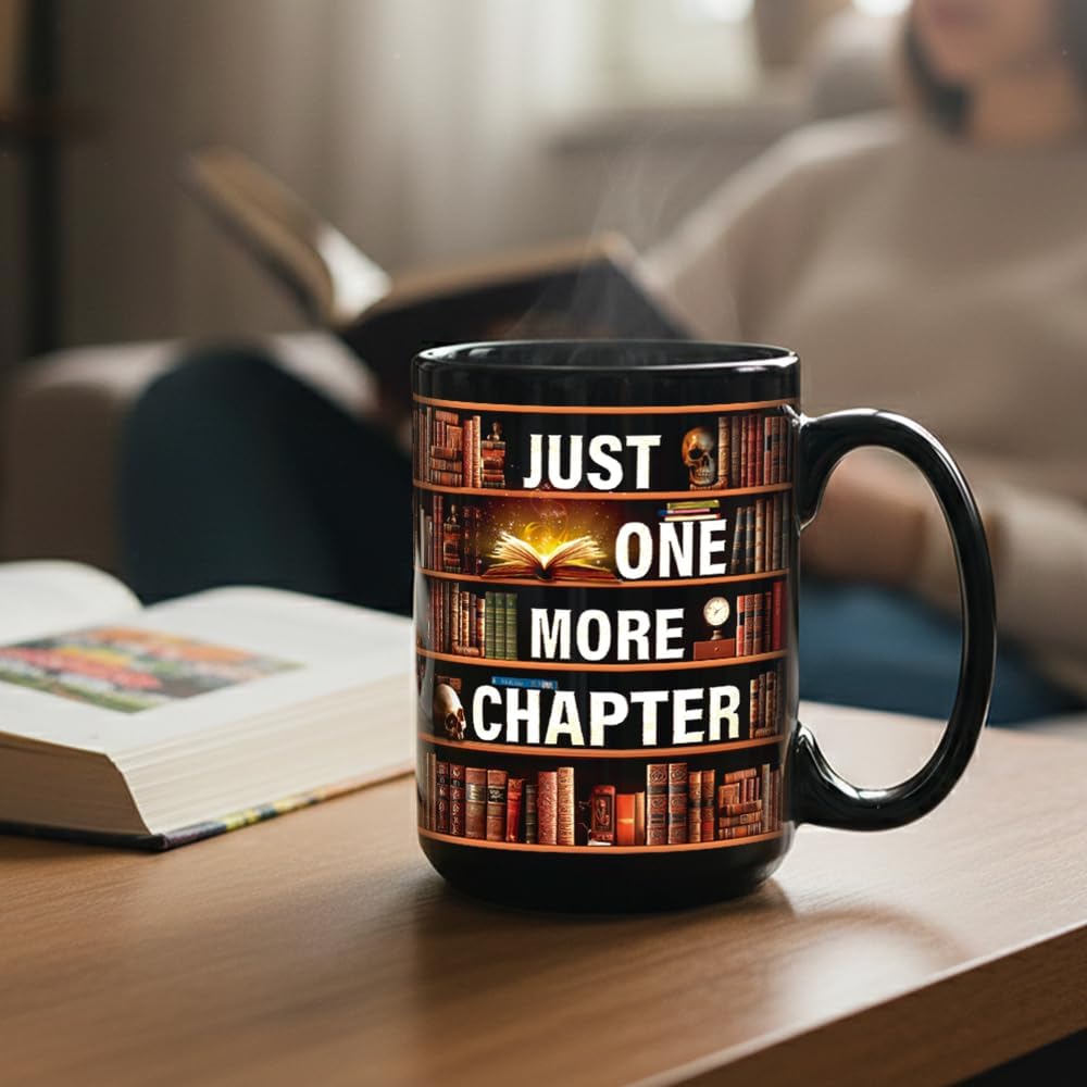 Funny Book Mug Gifts for Lovers - Just One More Chapter Coffee Mug 15oz, Bookish Gifts for Women Men, Skull Bookshelf Coffee Mugs, Birthday Bookworm Librarian Book Club Gift