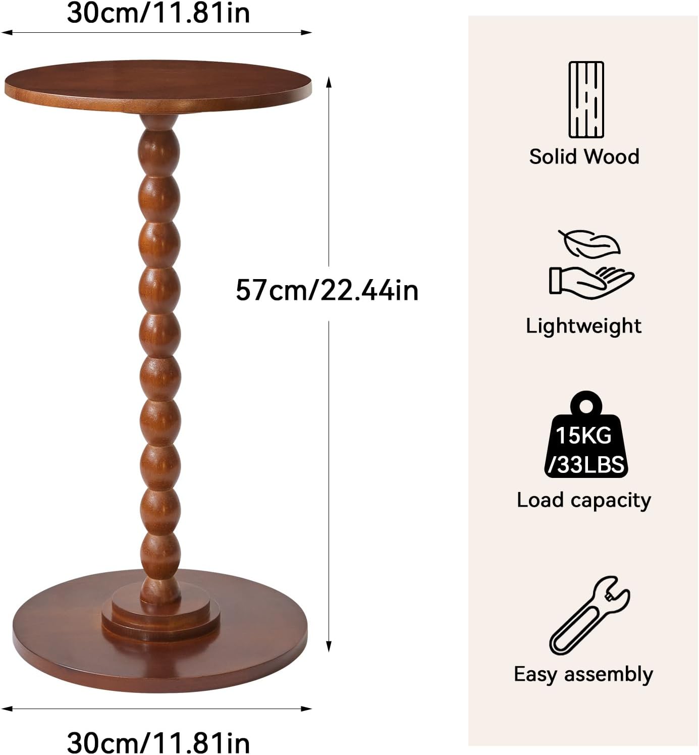 Round Side Table, Solid Wood End Table, Small Drink Table Sofa End Table, Bedroom Small Corner Table, Sturdy Weight-Bearing Design Brown YD-RST001H