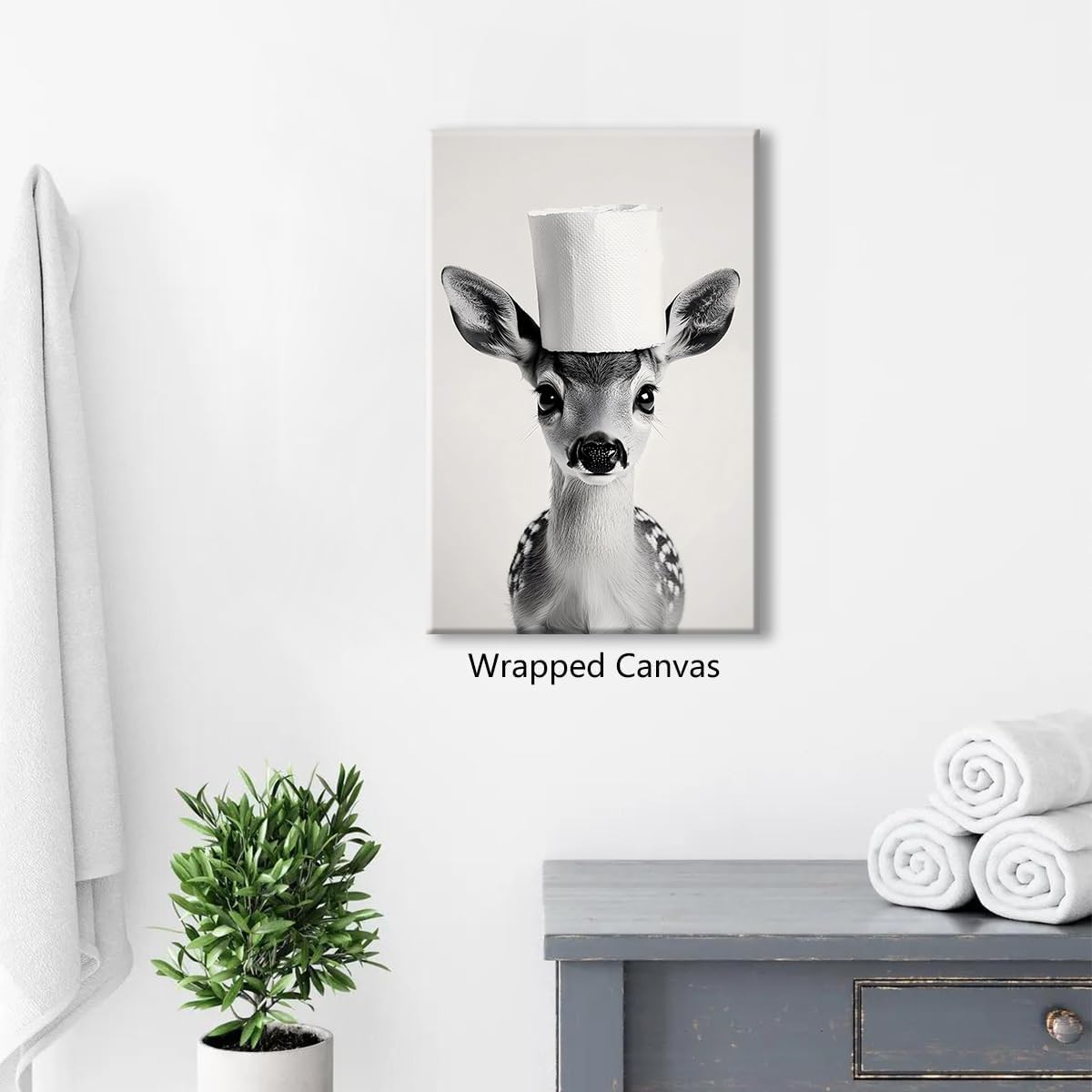 XMJJQQ Funny Animal Bathroom Canvas Wall Art, Deer Overhead Toilet Paper Roll Poster, Black and White Restroom Wall Print, Funky Modern Guestroom Animal Painting Picture Wall Decor 8x12in Unframed