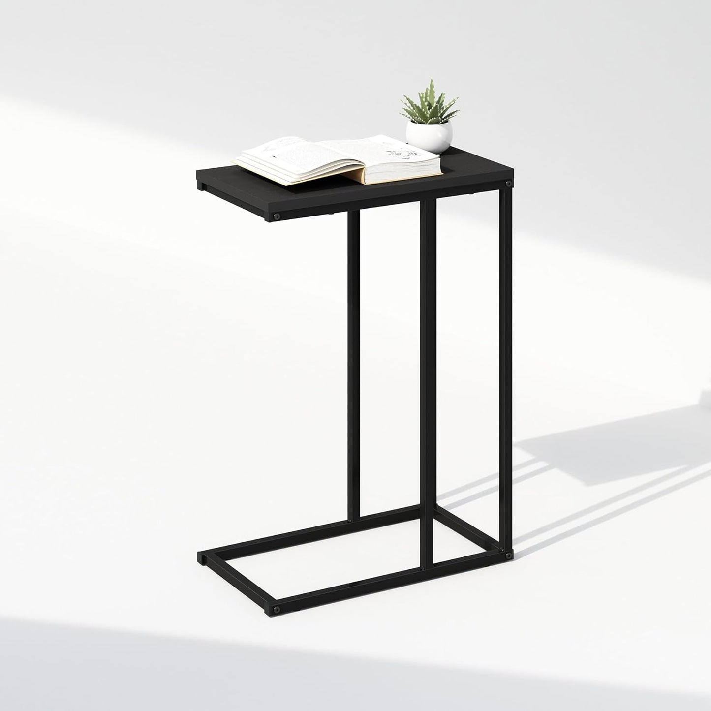 Furinno C-Shaped Side Table, Metal Frame End Table, Night Stand, Bedside Table, for Living Room, Bedroom, Americano
