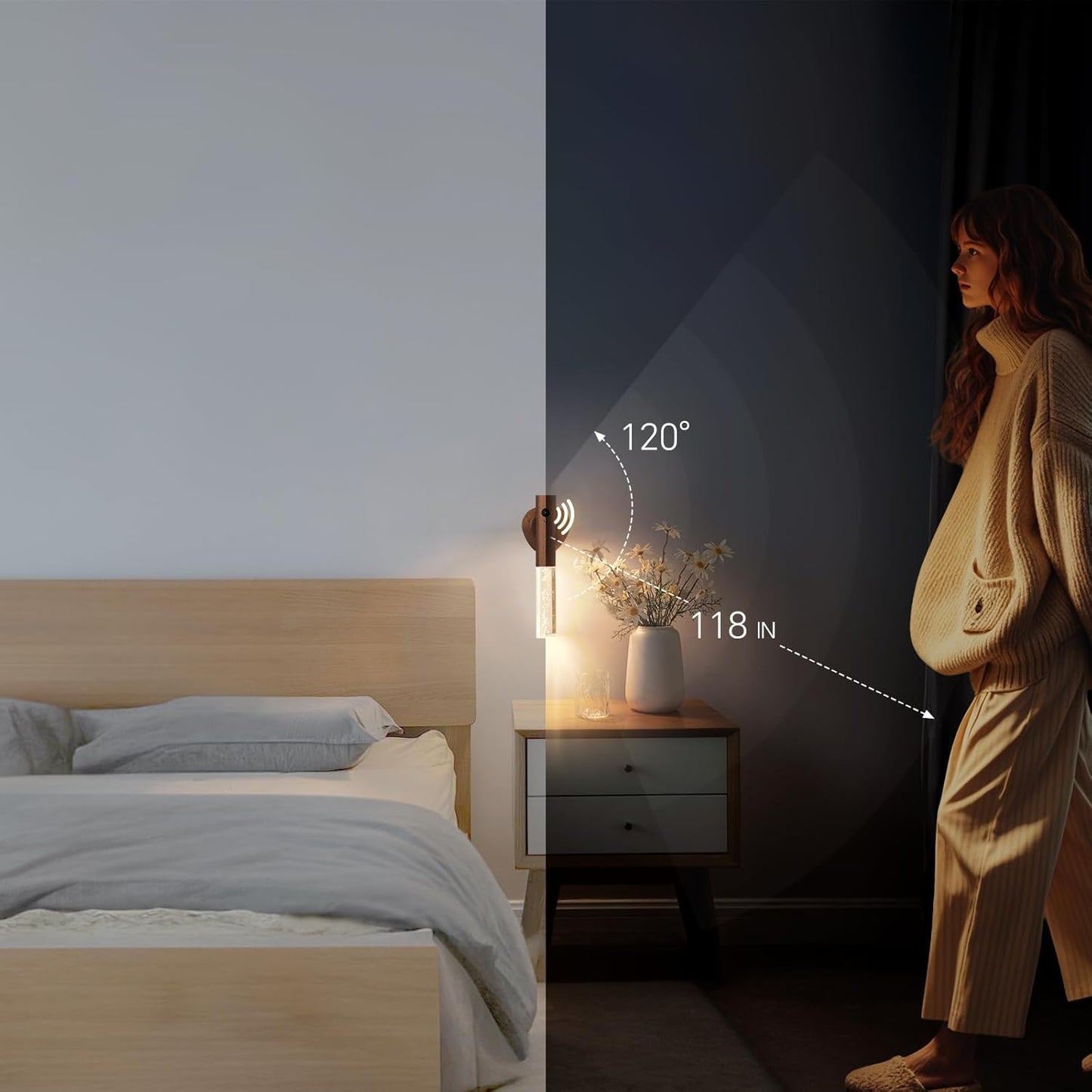 Motion Sensor Night Lights Indoor, Rechargeable Night Lights Wall Sconces Wooden Set of 2, Battery Powered Magnetic Wall Sconces Decor for Bedroom, Hallway, Bathroom, Stairway, Closet（Walnut Wood）