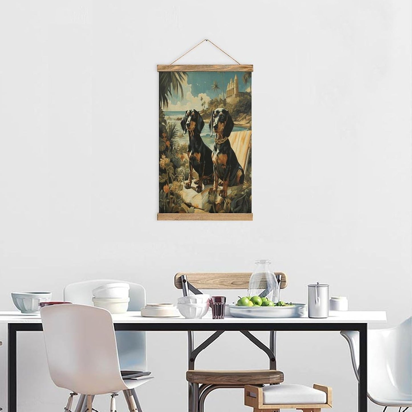 Vintage Dachshund Dog Bento Poster with Wooden Frame Personalized Linen Hanging Scroll Painting Rustic Wall Hanging Illustrative Modern Artwork Decor for Home Living Room Bedroom Office