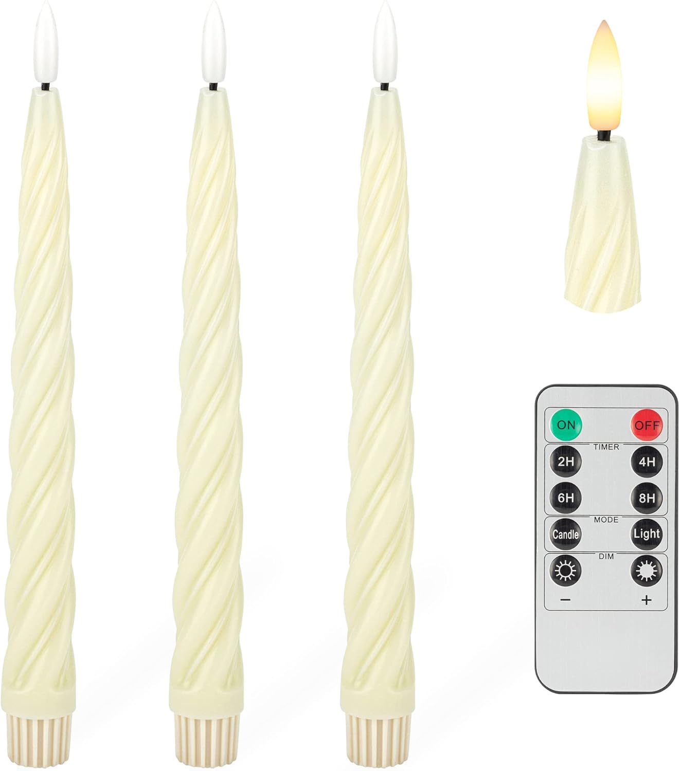 Flameless Taper Candles with 3D Wick, 9.6" Real Wax LED Candles with Remote and Timer, 3 Pack Flickering Candlesticks Battery Operated, Spiral Taper Candle for Home, Wedding, Party, Ivory