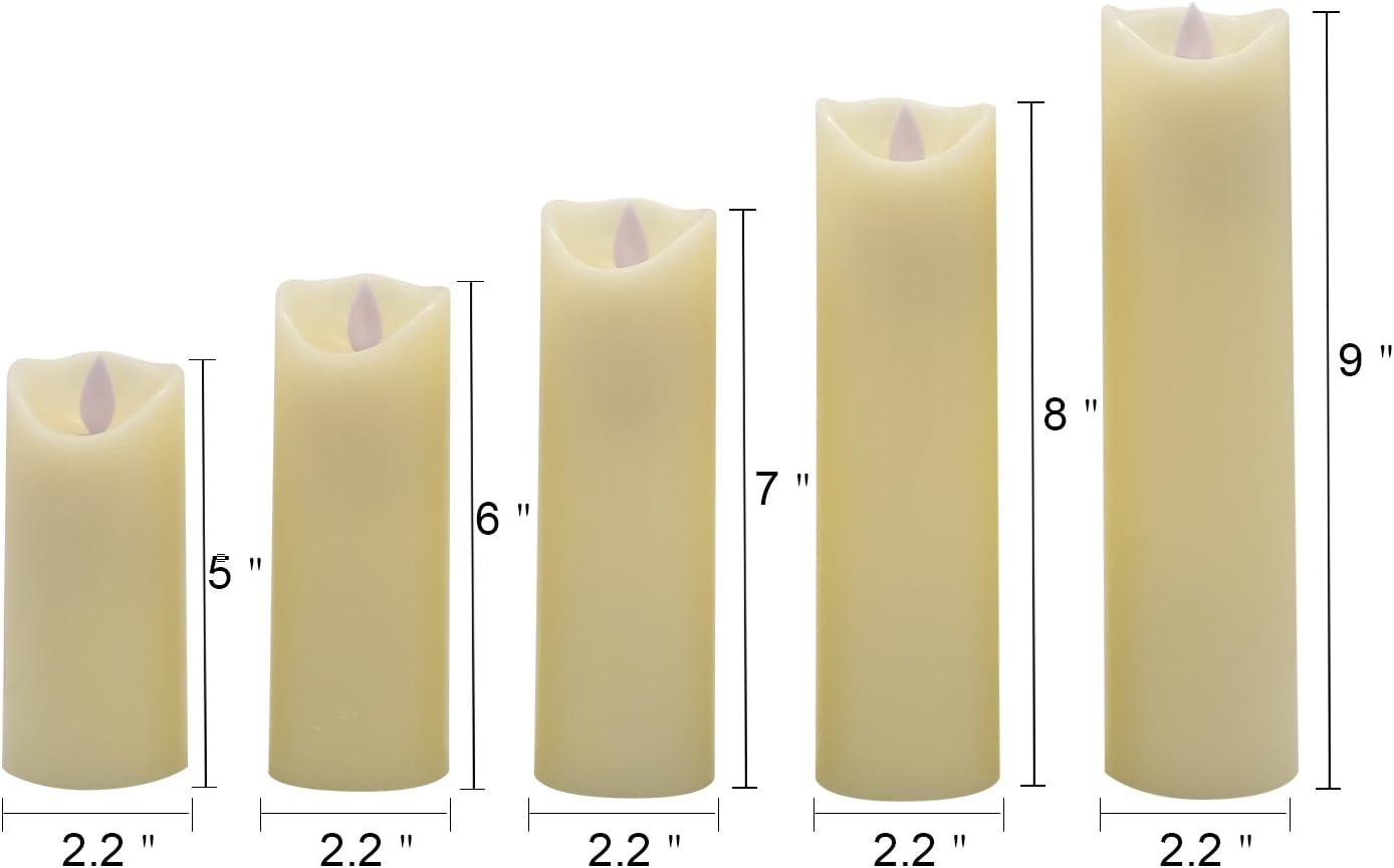 Eldnacele LED Flameless Flickering Candles with Remote Timer Warm White Battery Operated Wax LED Pillar Candles Set of 5 Realistic Flame for Decoration (2.2" X 5"6" 7" 8" 9")