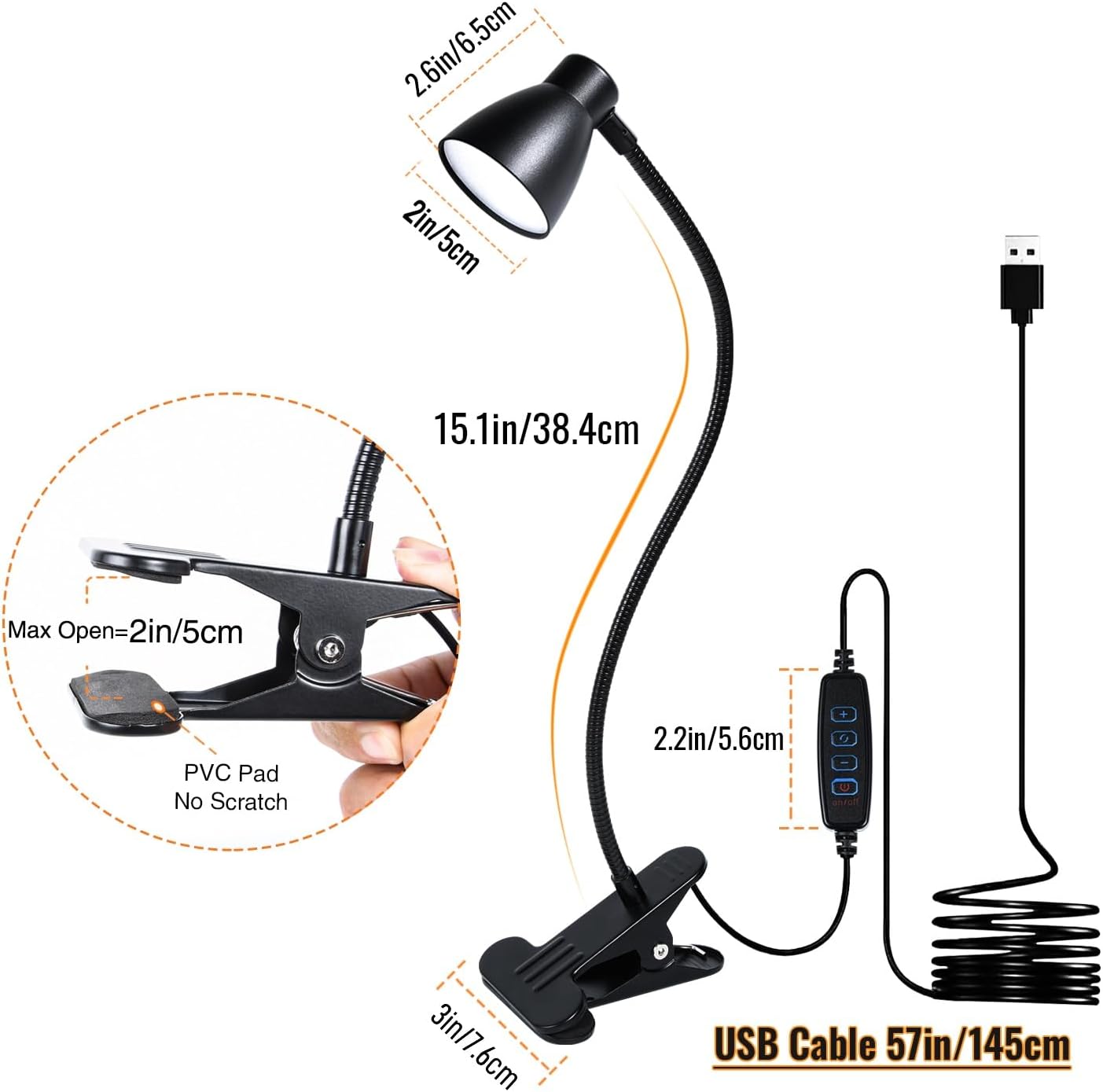 CRI 90+ Clip on Reading Light, Small Clamp on Desk Lamp, 3000K-6500K Adjustable Color Temperature, Gooseneck Bed Clip Light for Headboard(Adapter Included)