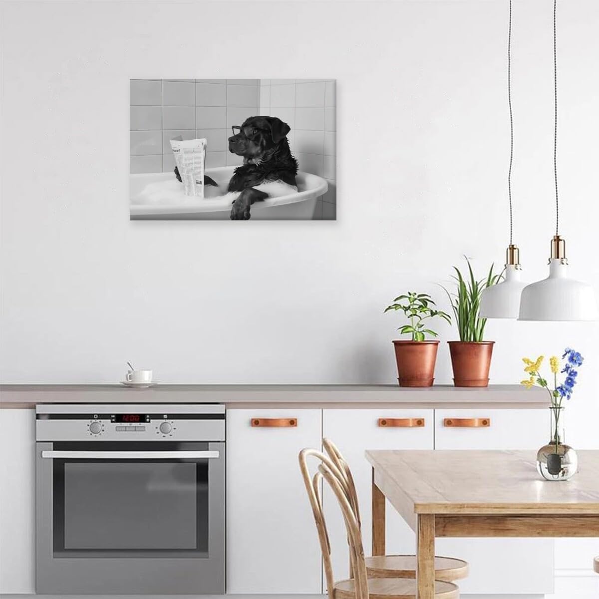Funny Wall Art Bathroom Wall Decor Rottweiler Dog Reading Newspaper in Bubble Bath Black and White Print Canvas Wall Prints poster Retro Home Office School Library Decor Framed8x12inch