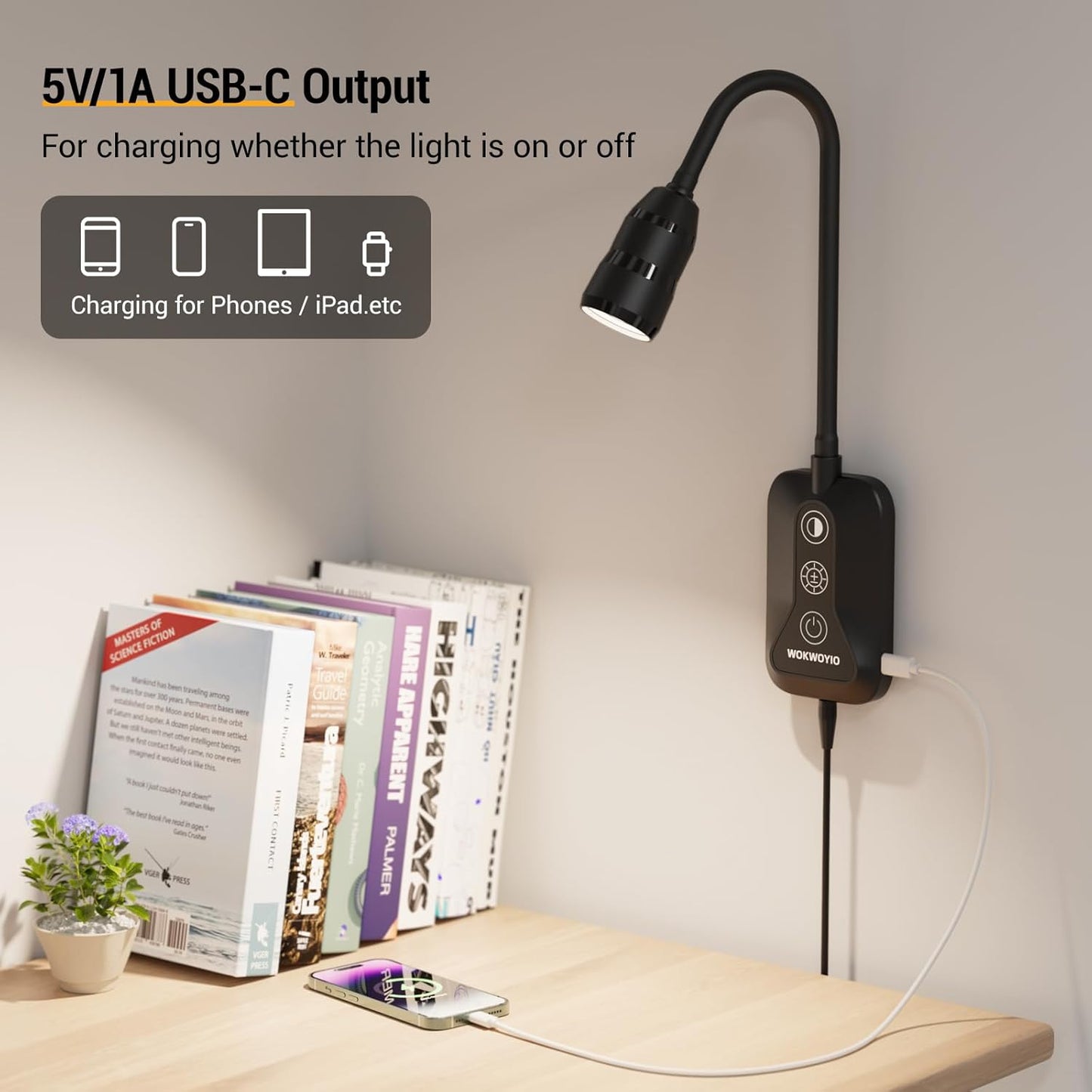 Wall Mounted Reading Light for Bed, Headboard Light with 360° Flexible Arm, Hand Wave Sensor, Focused 60° Beam, 5 Color Temperatures, Stepless Dimming, Memory Function, USB-C Output, Black 2 Pack