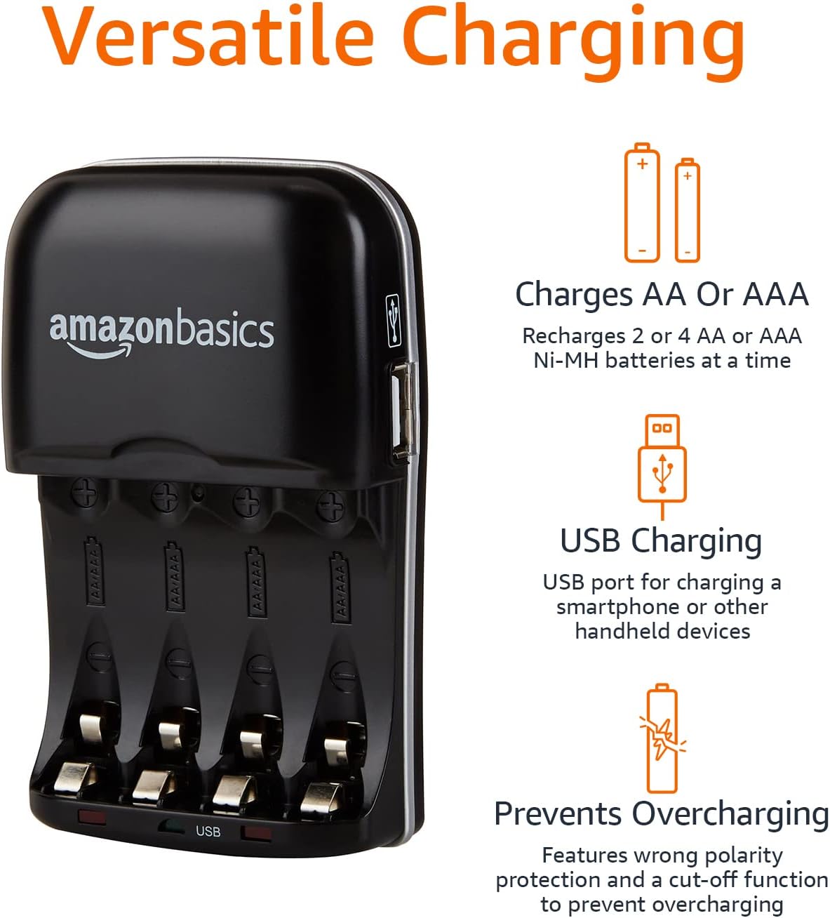 Amazon Basics Rechargeable Battery Charger for AA & AAA Ni-MH Batteries with USB Port, Portable, Travel-Friendly, Over-Charge Protection, Black