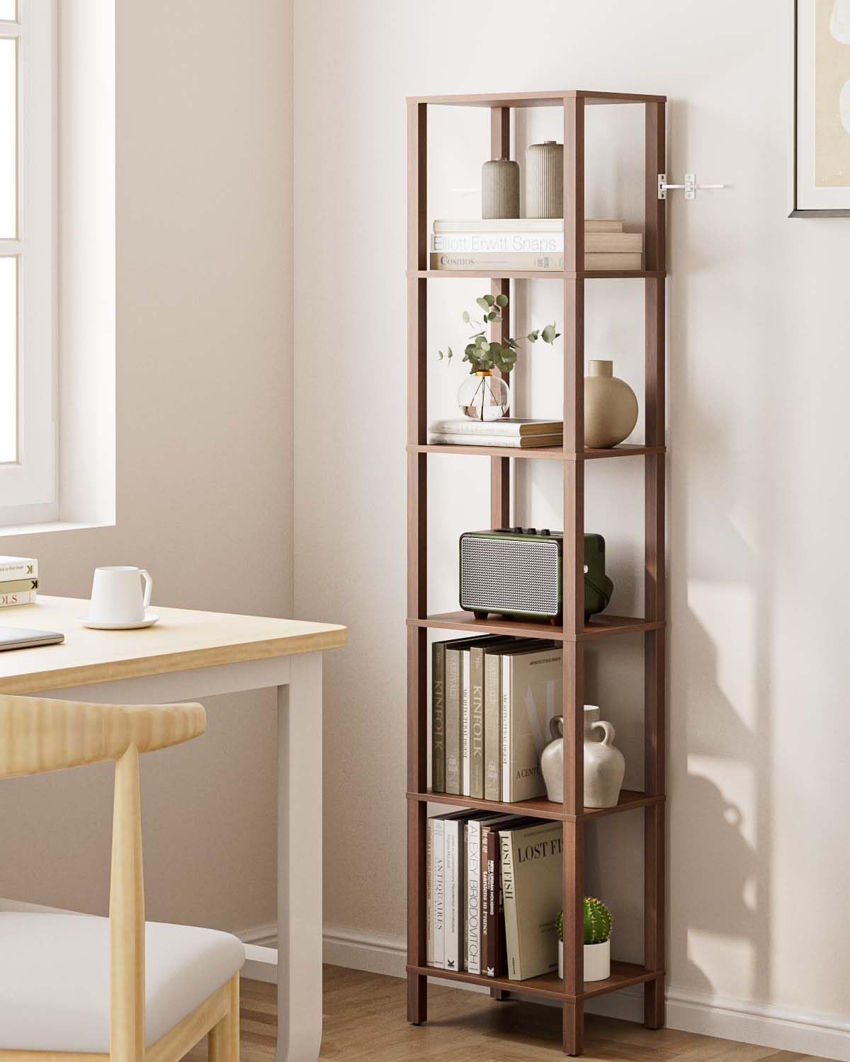 Open Book Shelf, 6 Tier Tall Bookshelf, Freestanding Shelf Narrow Bookcase with Open Shelves, 14.57" x 10.63" x 65.83", Book Shelves for Living Room, Office, Study, Walnut