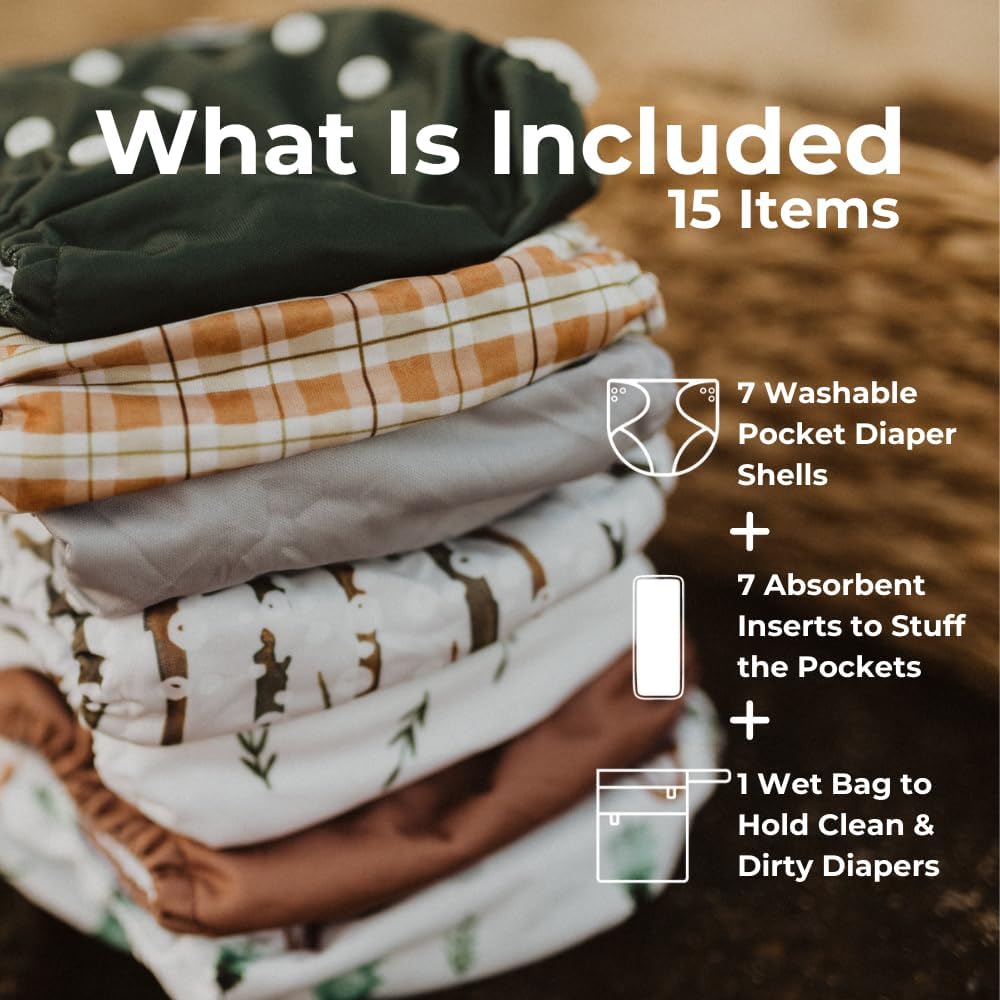 Nora's Nursery Cloth Diapers 7 Pack with 7 Inserts & 1 Wet Bag - Waterproof Cover, Washable, Reusable & One Size Adjustable Pocket Diapers for Newborns and Toddlers - Woodlands