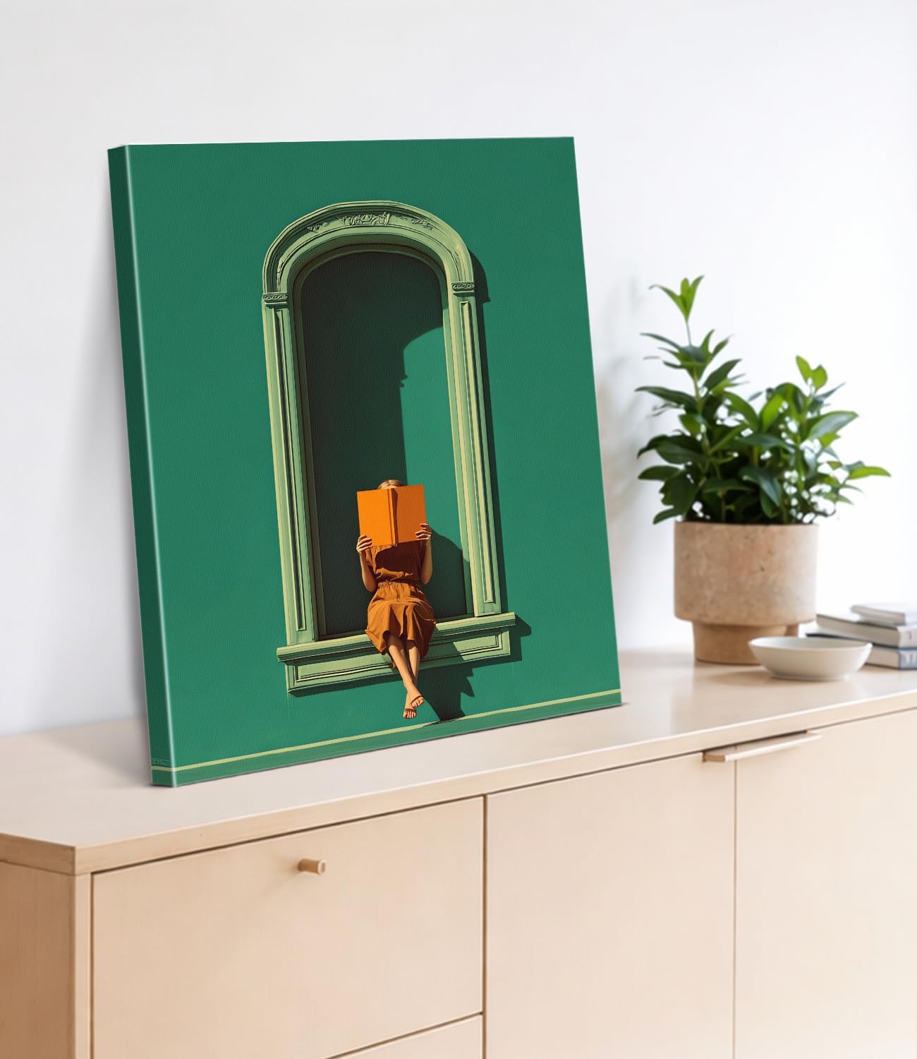 Green Reading Woman Wall Art Print - Bookish Woman in Window Canvas Poster Painting - Book Lover Gifts Wall Decor for Home Reading Nook 8x10 Inch Framed