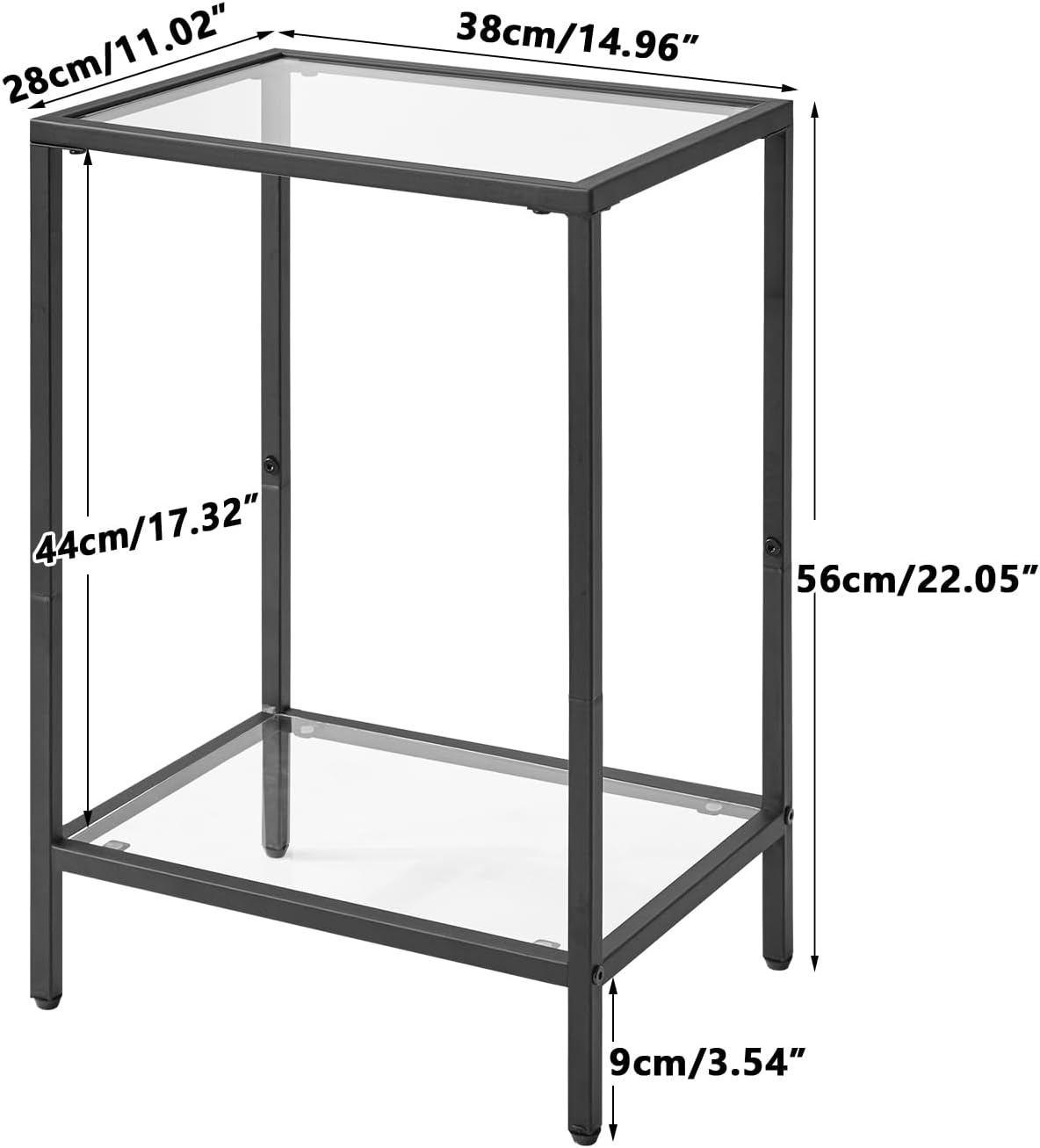 YMYNY Tempered Glass Side Table, 2 Tier End Table with Storage Shelves, Narrow Bedside Table, for Small Space in Living Room, Bedroom,Black, UHGD002B