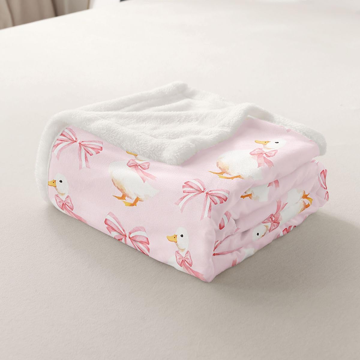 Feelyou Cute Goose Sherpa Throw Blanket for Couch Pink Bow Super Soft Cozy Fleece Geese Animal Pet Blanket for Winter, Plush Throw Bowknot Bow Tie 40"x50" All Season