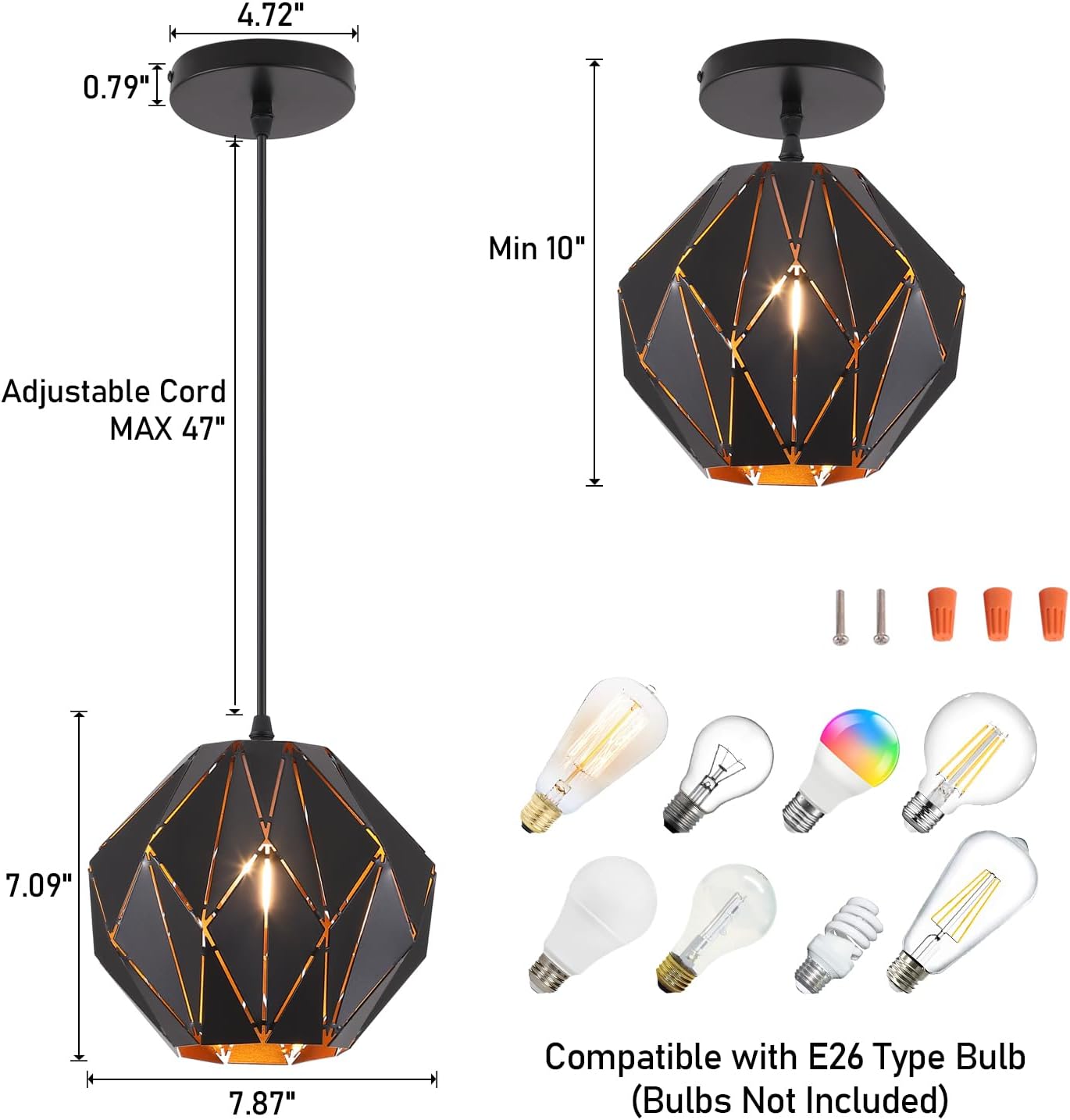 baunoisk Pendant Light Industrial Vintage Pendant Lamp Retro Farmhouse Ceiling Hanging Light Fixture Black Metal Creative Geometric Diamond Shade Pendant Lighting for Kitchen Island