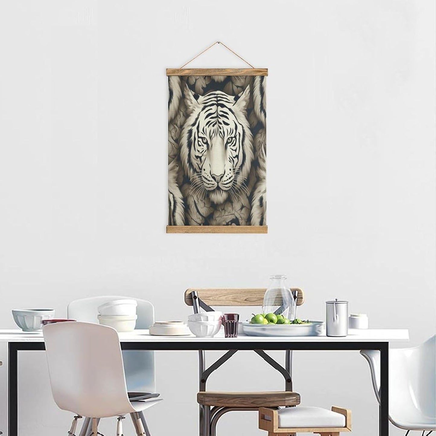 Vintage White Tiger Head Pattern Poster with Wooden Frame Personalized Linen Hanging Scroll Painting Rustic Wall Hanging Illustrative Modern Artwork Decor for Home Living Room Bedroom Office