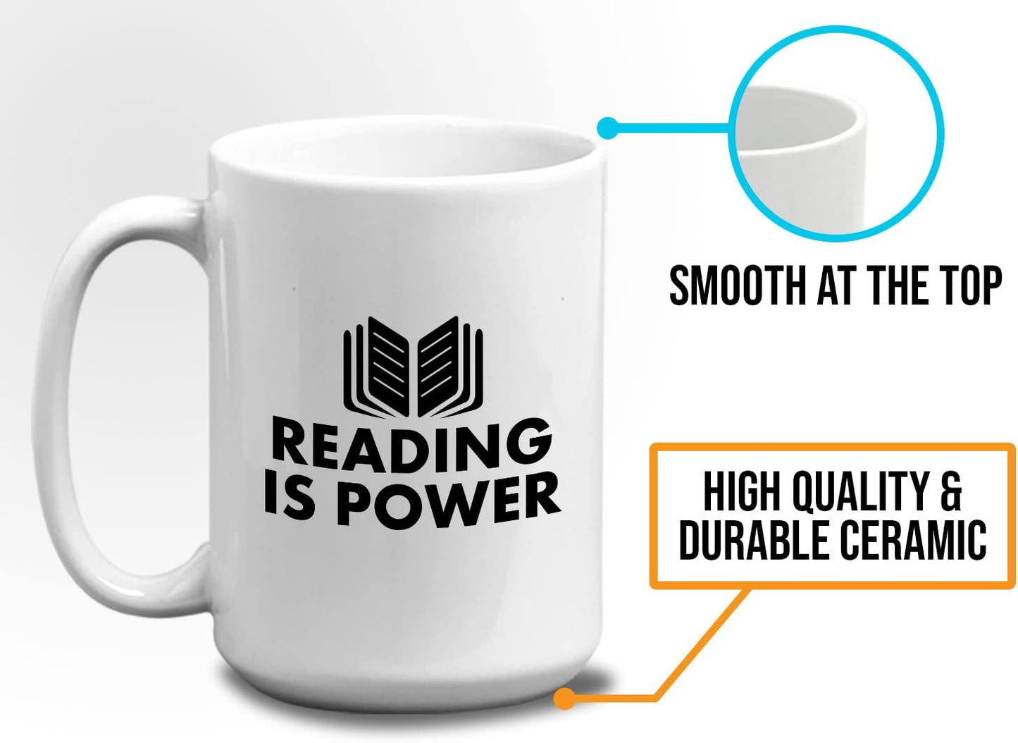 Book Lover Coffee Mug 15oz White - Reading is power - Literary librarian Literature Bookworm Historian Public Library Curator Bibliophile Bibliolater