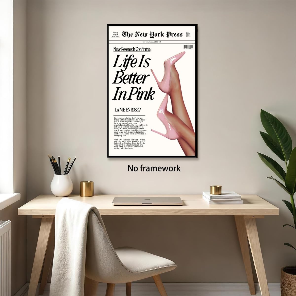 Vintage Baby Pink Newspaper Wall Art Retro News Headline Poster Trendy Preppy Girl Aesthetic Decor for Bedroom Apartment Dorm Life is Better in Pink Canvas Print Picture 12x18inch Unframed