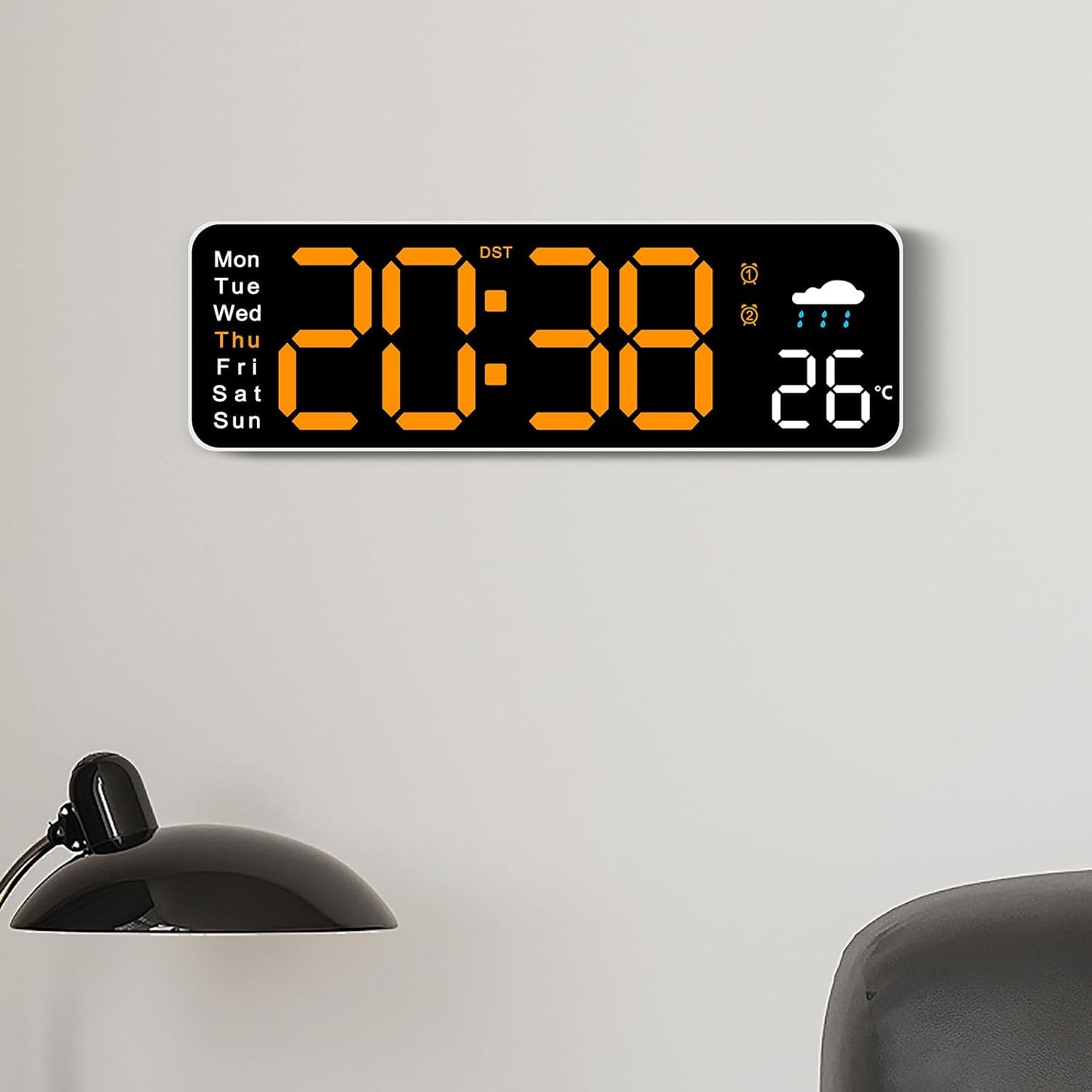 Large LED Digital Wall Clock with Alarm Timer - Auto Dimming Clock with Temperature, Weather and Calendar, Remote Control, Classroom Décor, for Bedroom, Office, Living Room (Orange)