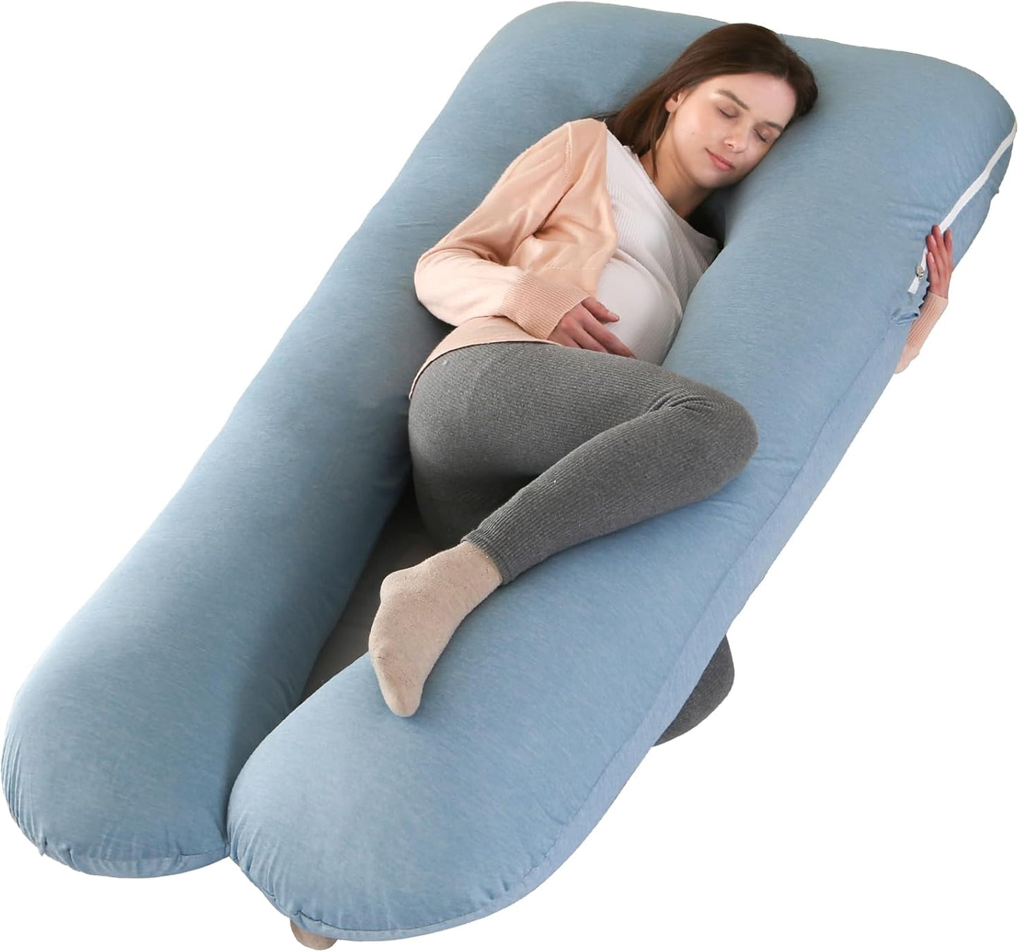 Amagoing Cooling Pregnancy Pillow for Sleeping, U Shaped Maternity Full Body Pillow for Women with Hip, Leg, Back Pain Support, Removable Cooling Cover Included (Light Blue)