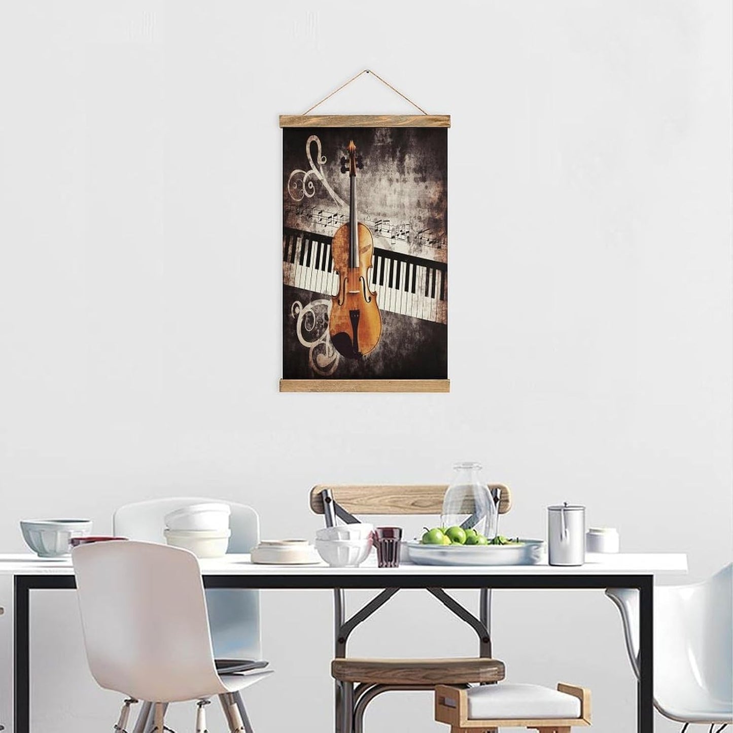 Vintage Piano Violin Music Notes Poster with Wooden Frame Personalized Linen Hanging Scroll Painting Rustic Wall Hanging Illustrative Modern Artwork Decor for Home Living Room Bedroom Office