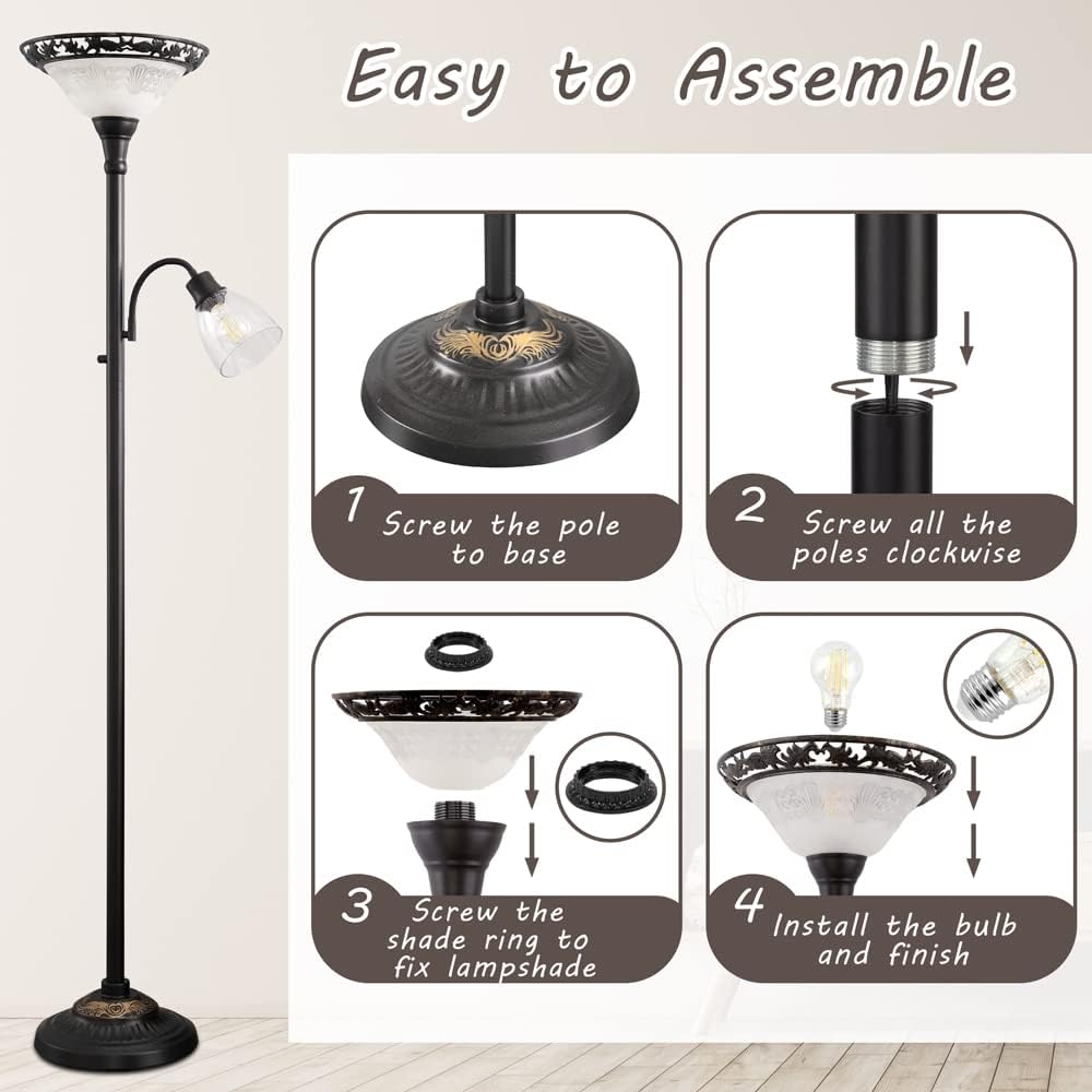 Floor Lamps for Living Room, 70" Floor Lamp Standing Torchiere Lamp with Etched Glass Shade, Metal Pole & Heavy Base, Vintage Tall Corner Lamp Decor for Bedroom, Living Room, Office. No Bulbs (2 Head)