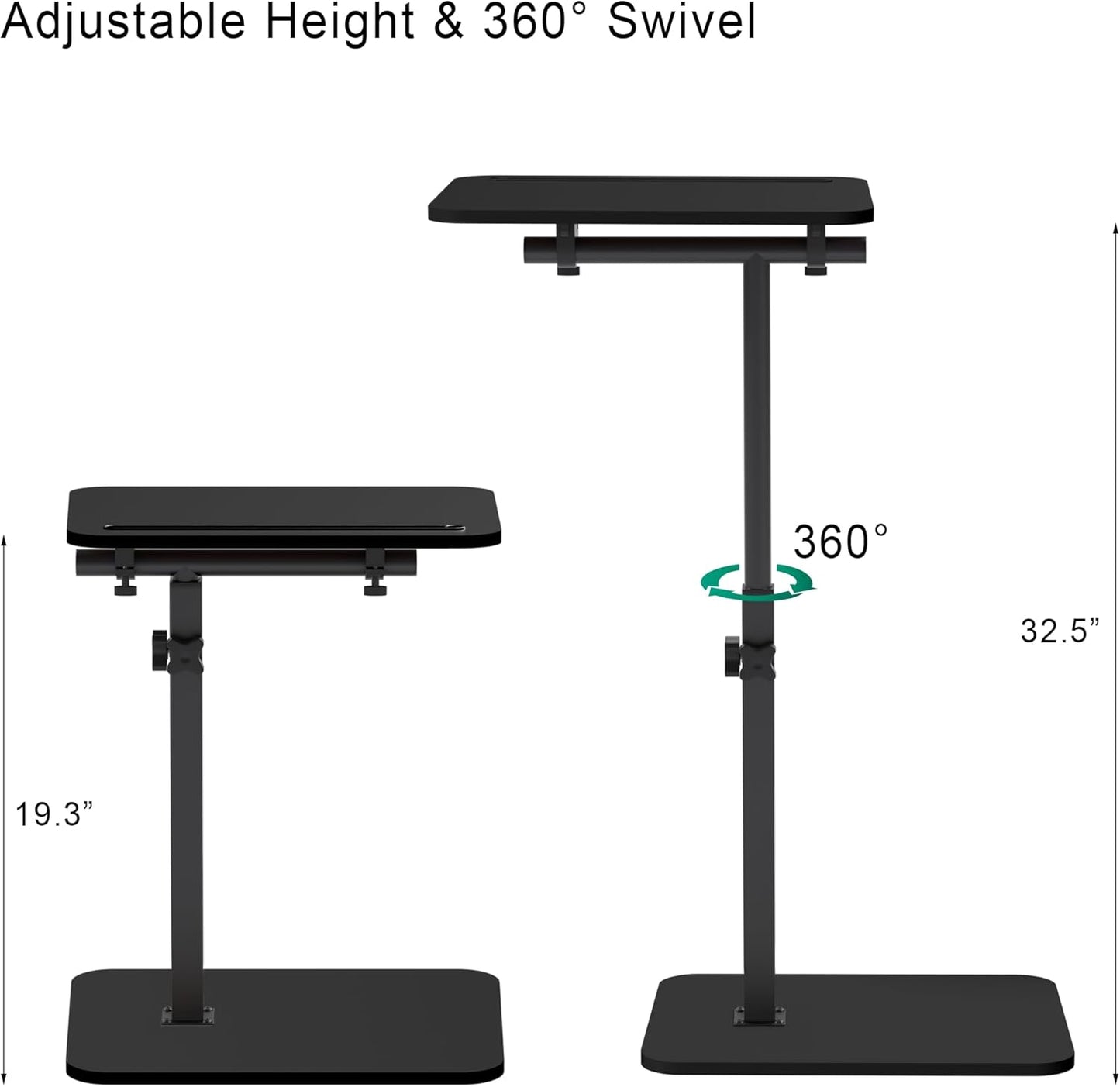 Black Side Tray Table for Couch - 360° Swivel Adjustable Height Rotating Sofa Table C Table End Table Laptop Desk with Phone & Tablet Slot, Perfect for Eating Working Reading, Fits Small Spaces