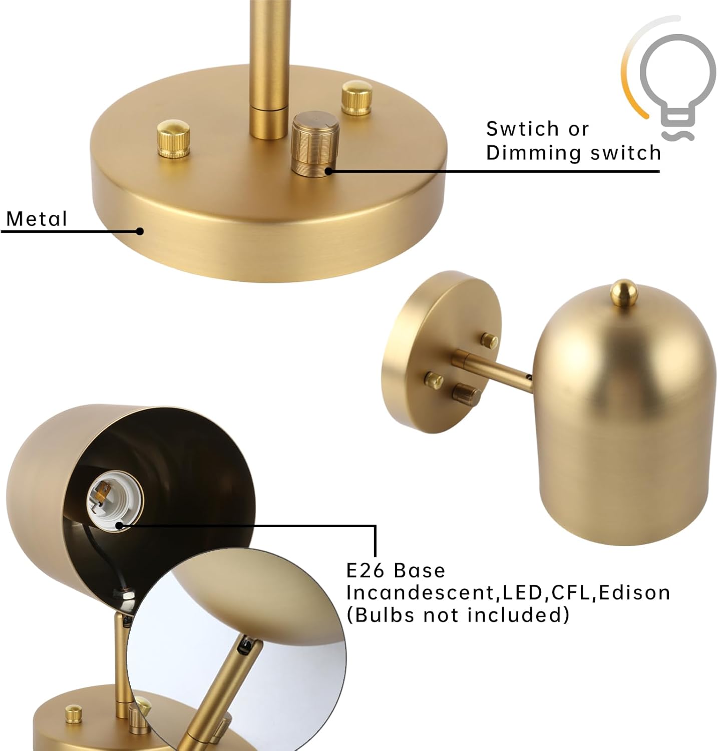 Pathson Modern Dimmable Wall Sconce Hardwired, Brass Finish Wall Light Lamp Adjust Light Head, E26 Bulb Base Reading Wall Lighting Decor for Living Room Bedroom Hallway